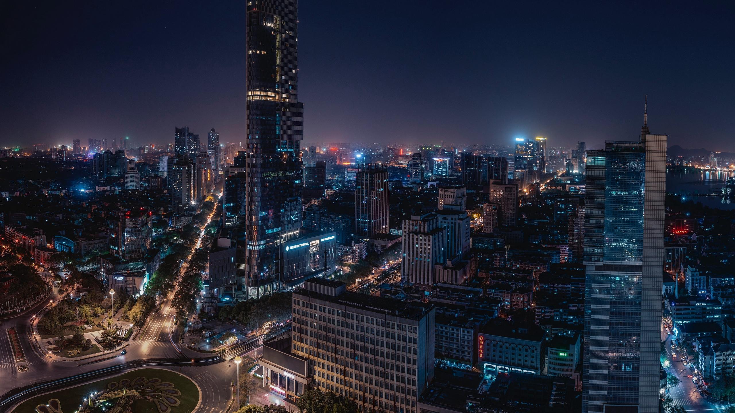 2560x1440 Wallpaper Of Night City, Skyscraper, Fire Background