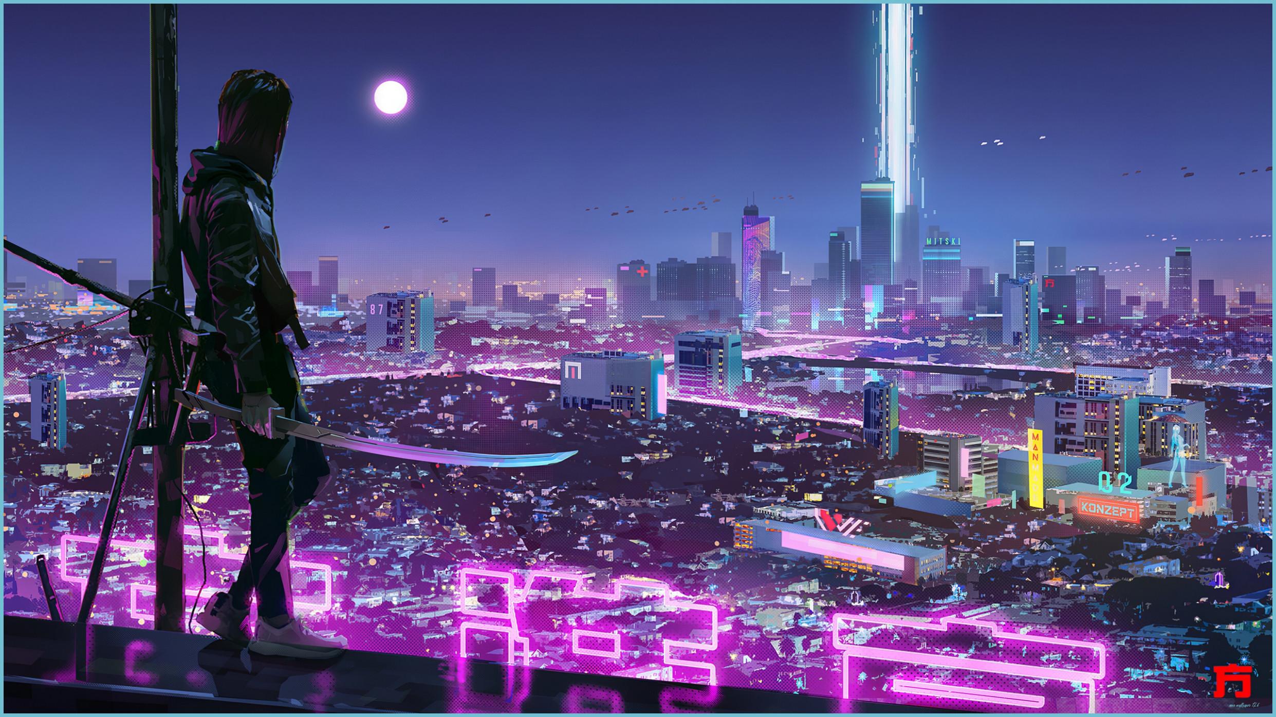 2483x1396 Ninja Katana Sci Fi City Neon Lights Fondo De Pantalla 9k Ultra HD Neon Wallpaper 4k