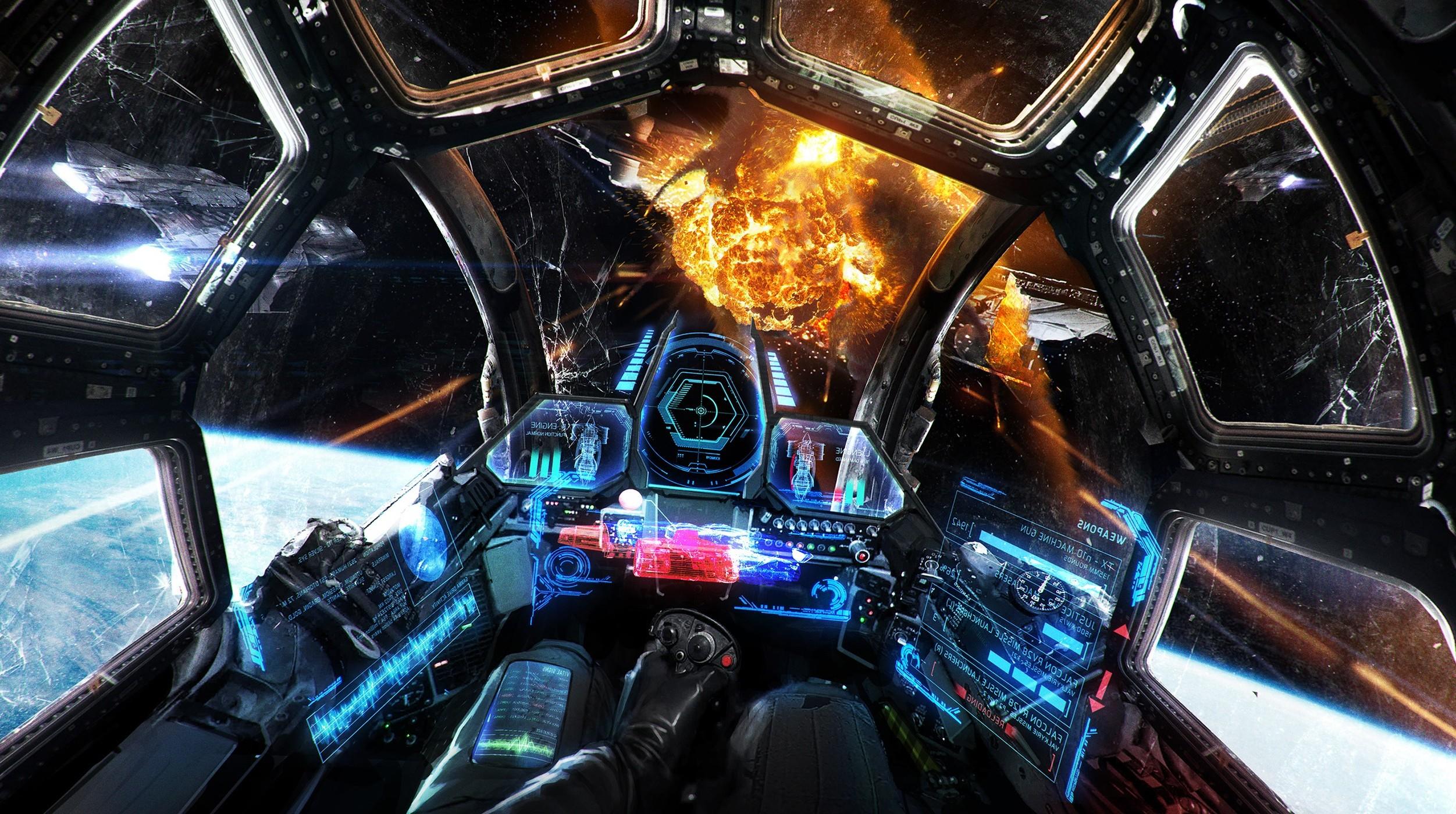 2503x1400 artwork, Science Fiction, Space, Spaceship, HUD, Explosion Wallpaper HD / Desktop and Mobile Background