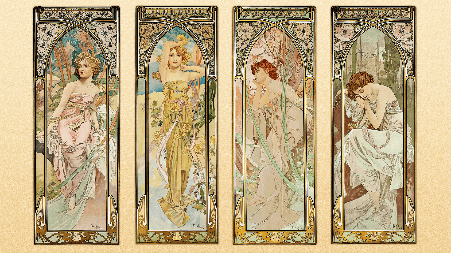 1920x1080 Alphonse Mucha Illustration Art Nouveau Artwork Drawing Women Spring Summer Fall Winter Wallpaper:1920x1080