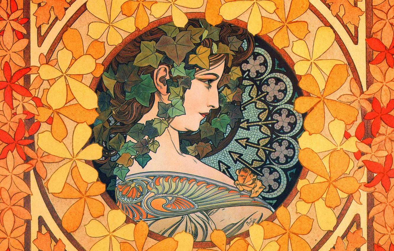 1332x850 Wallpaper figure, painting, composition, Alphonse Mucha, Alfons Maria Mucha, female image, the girl with the ivy image for desktop, section живопись
