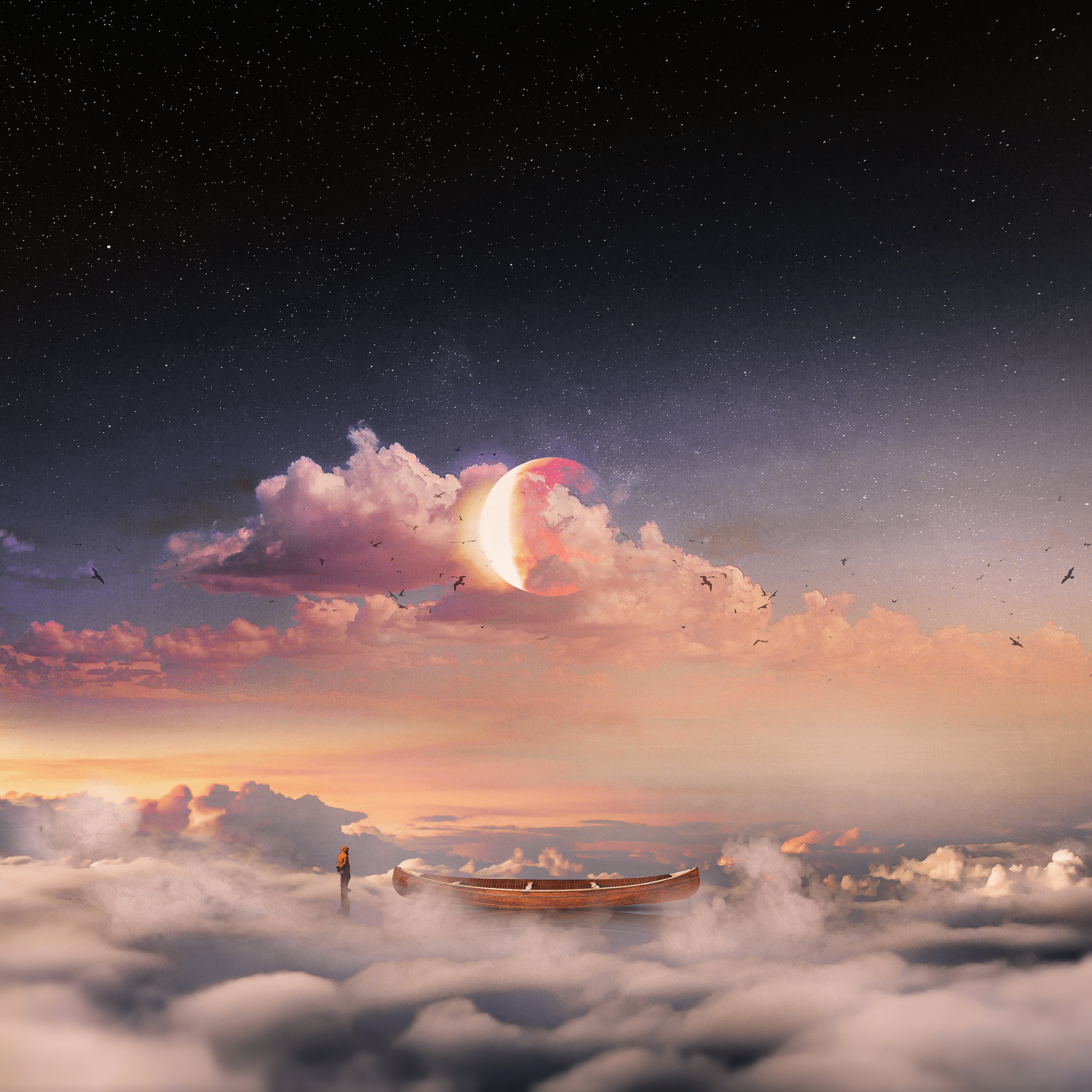 3000x3000 Download wallpaper 3000x3000 surrealism, boat, clouds, lonely, man, starry sky HD background