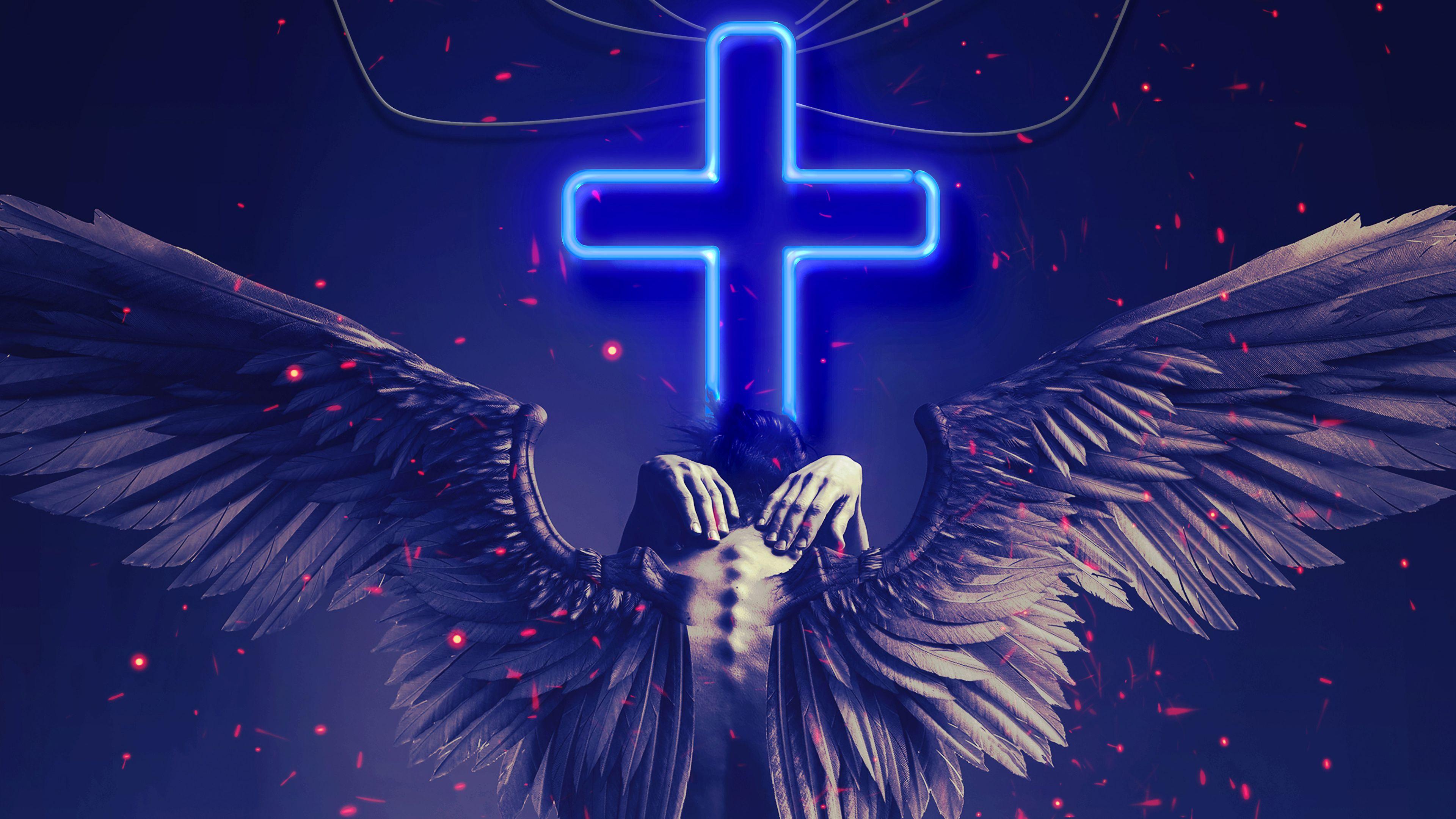 3840x2160 Broken Angel 4k Wings Wallpaper, Neon Wallpaper, Hd Wallpaper, Digital Art Wallpaper, Artwork Wallpaper,. Cross Wallpaper, Artist Wallpaper, Angel Wallpaper
