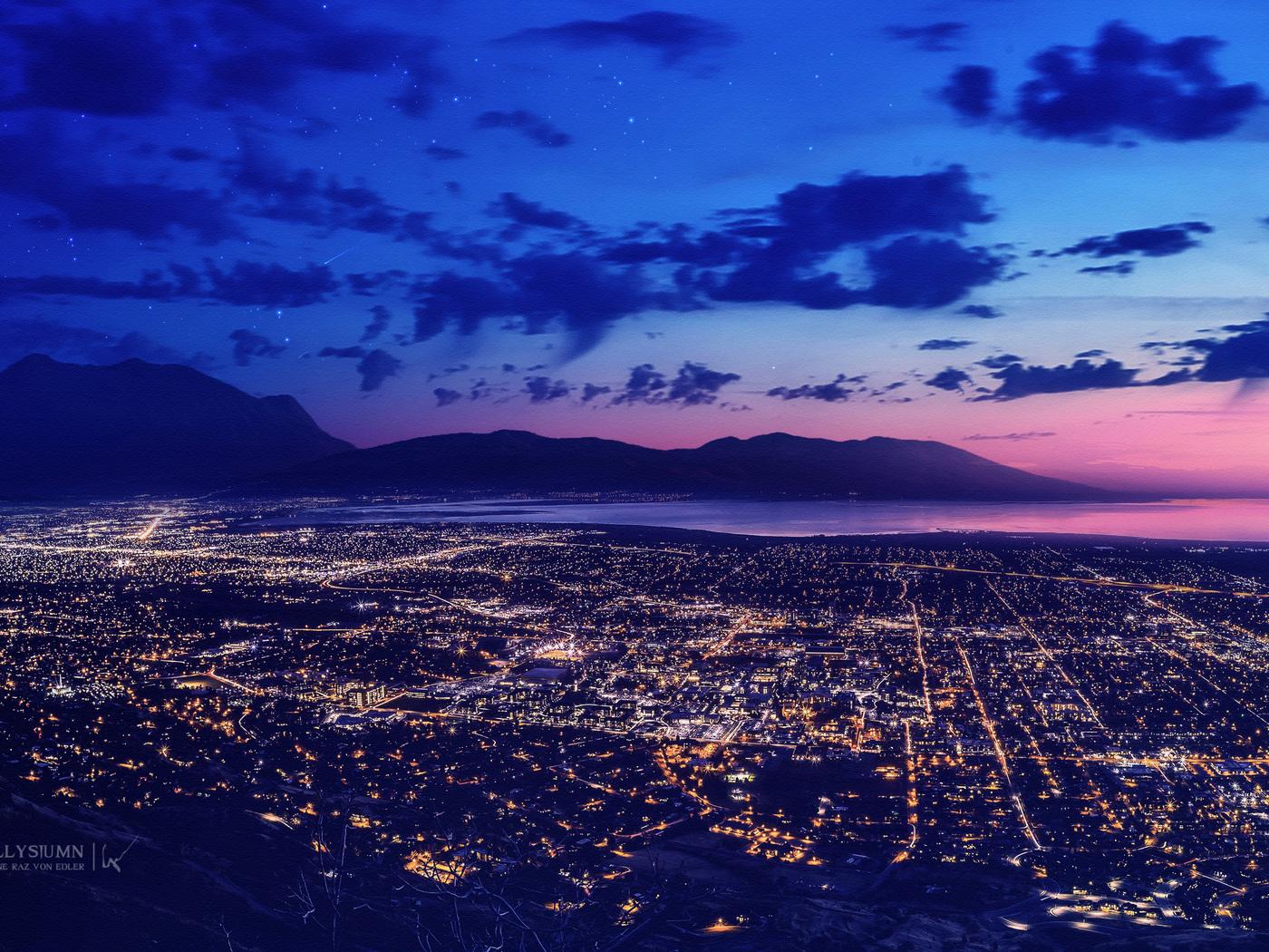 1400x1050 City Dreamscape Lights Night Moon Mountains 1400x1050 Resolution HD 4k Wallpaper, Image, Background, Photo and Picture