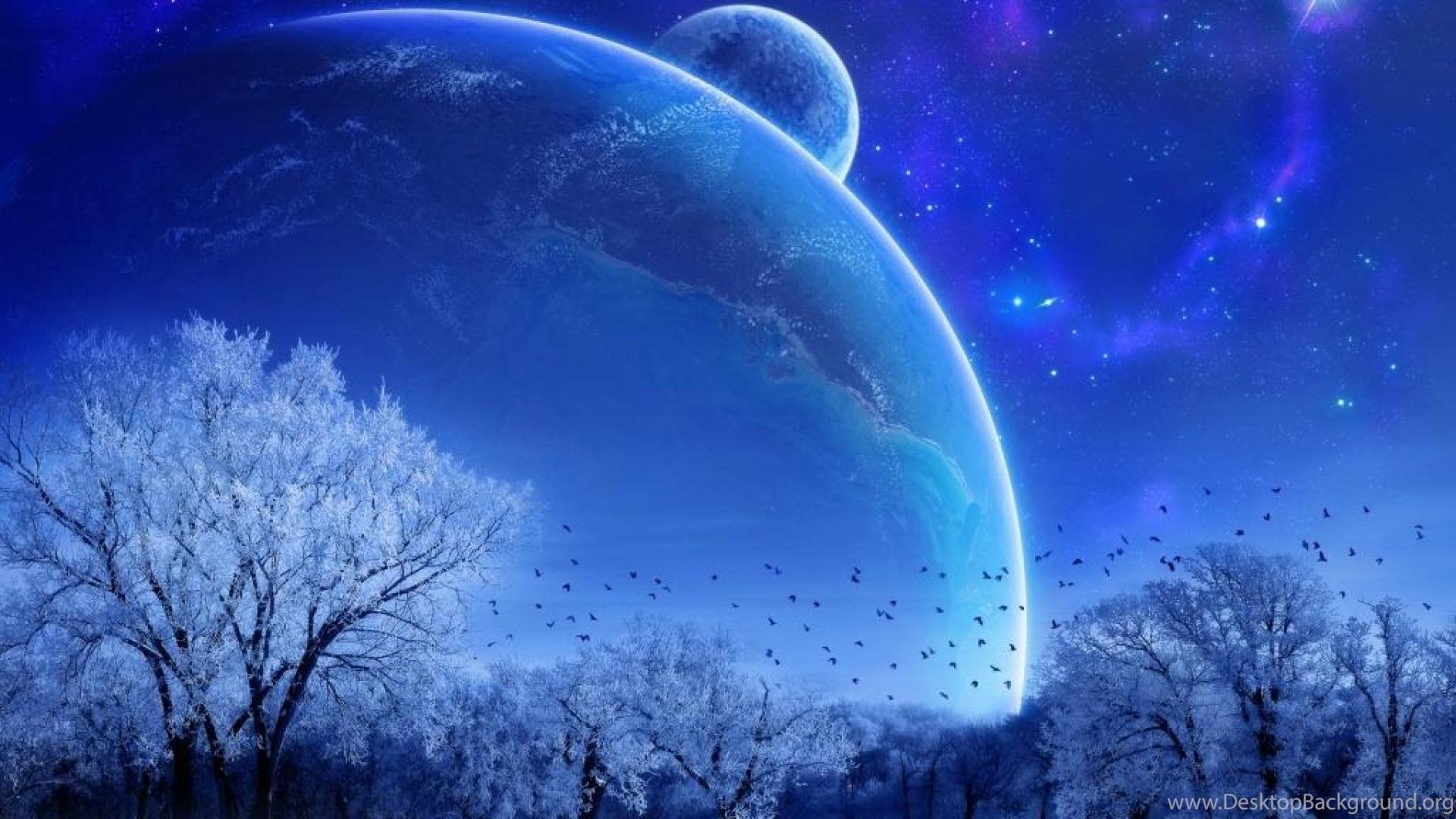 1920x1080 Wallpaper: Fantasy, Blue Sky, Cosmos, Space, Moon, Star, Trees. Desktop Background