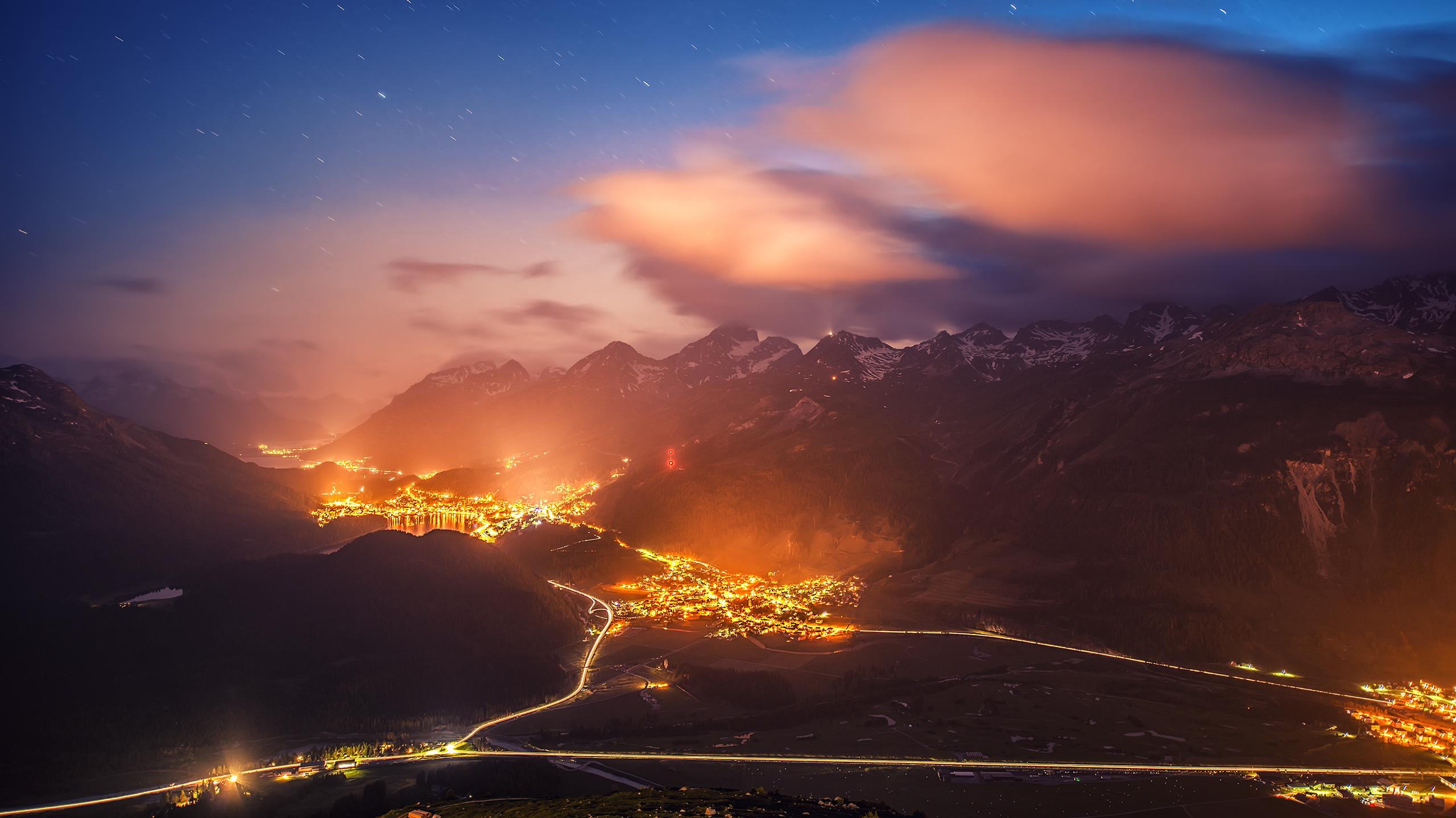 2560x1440 City At Night Road Mountains