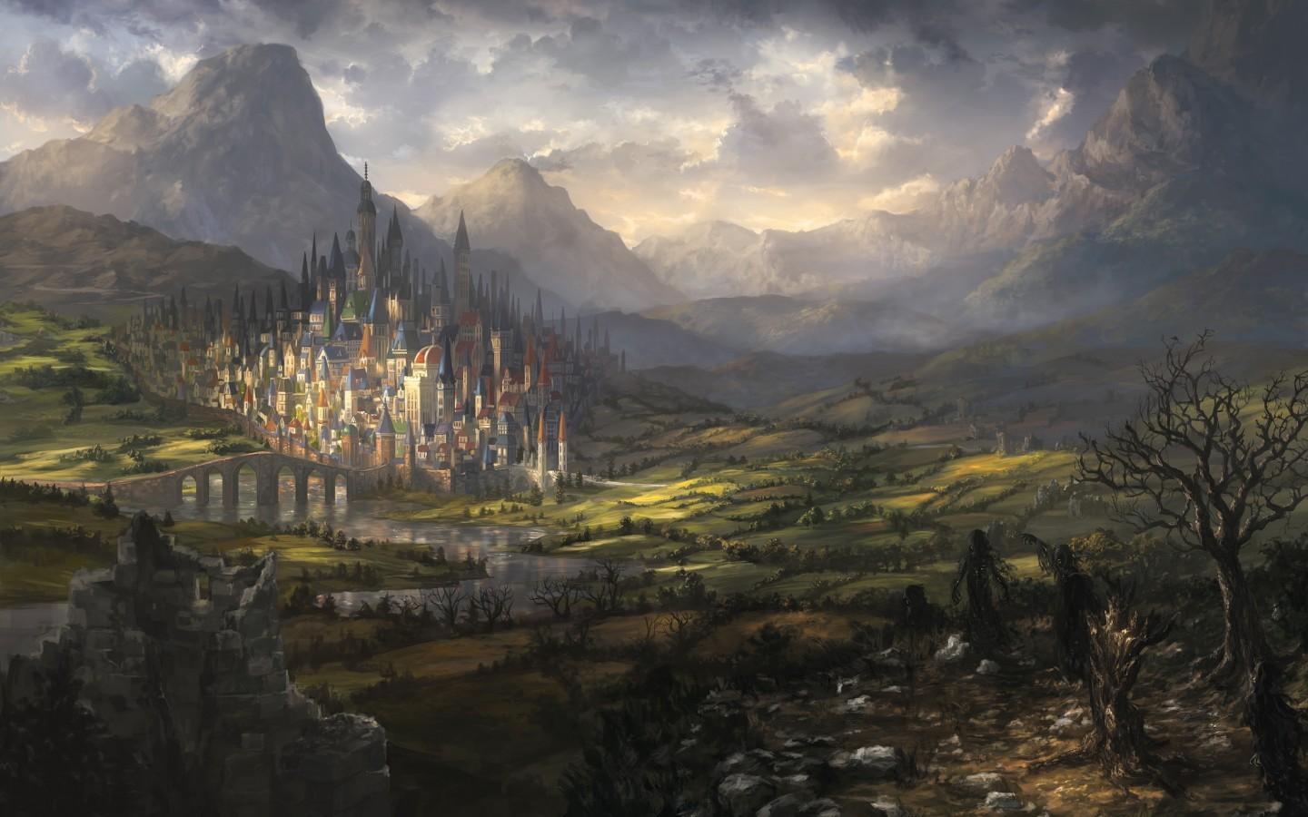1440x900 Fantasy City On A Mountain HD Wallpaper