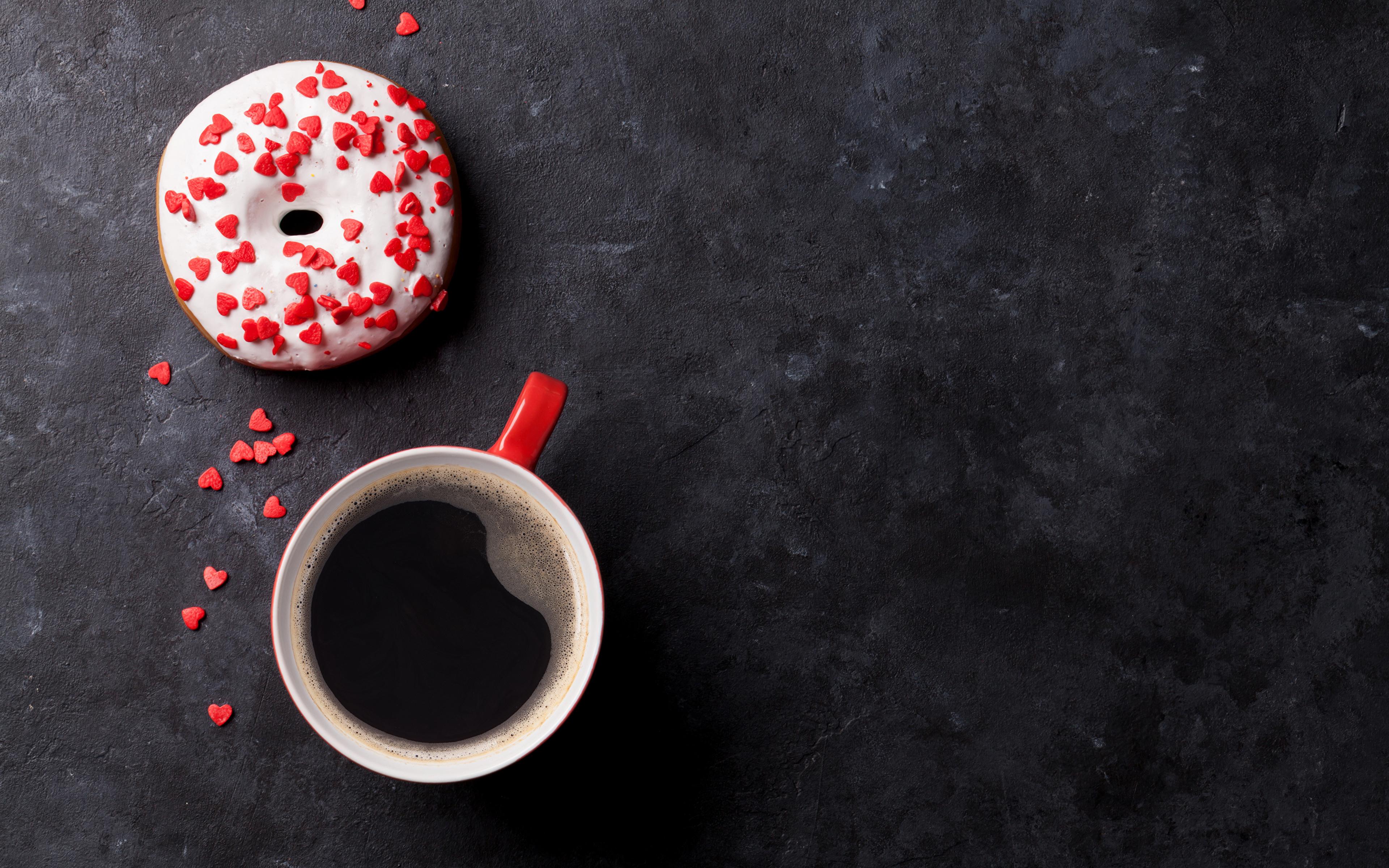 3840x2400 image Heart Coffee Doughnut Cup Food Sweets 3840x2400