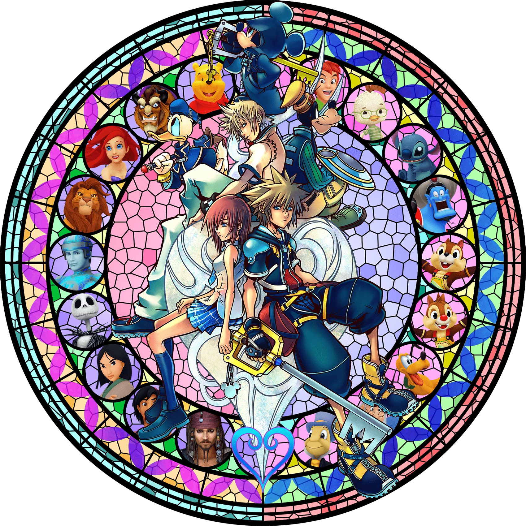 1699x1700 Kingdom Hearts Sora Kairi Roxas Mickey Donald Goofy stained glass. Kingdom hearts tattoo, Art, Kingdom hearts