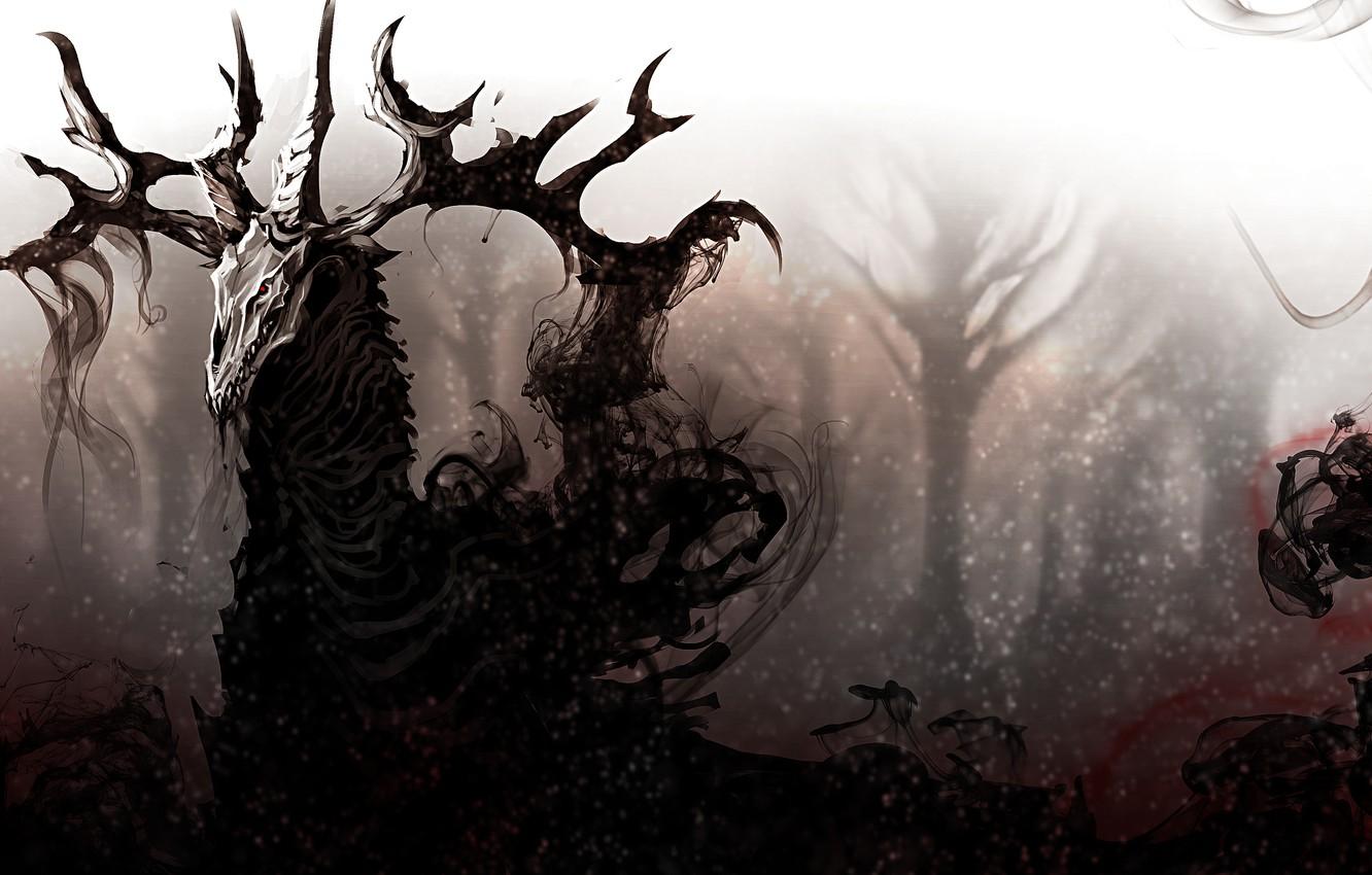 1332x850 Wallpaper forest, darkness, dark, deer, darkness image for desktop, section живопись