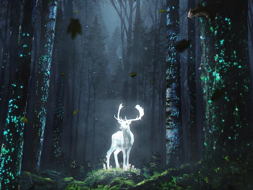 1024x768 Desktop wallpaper forest, wild deer, glow, fantasy, art, HD image, picture, background, 2d96ef