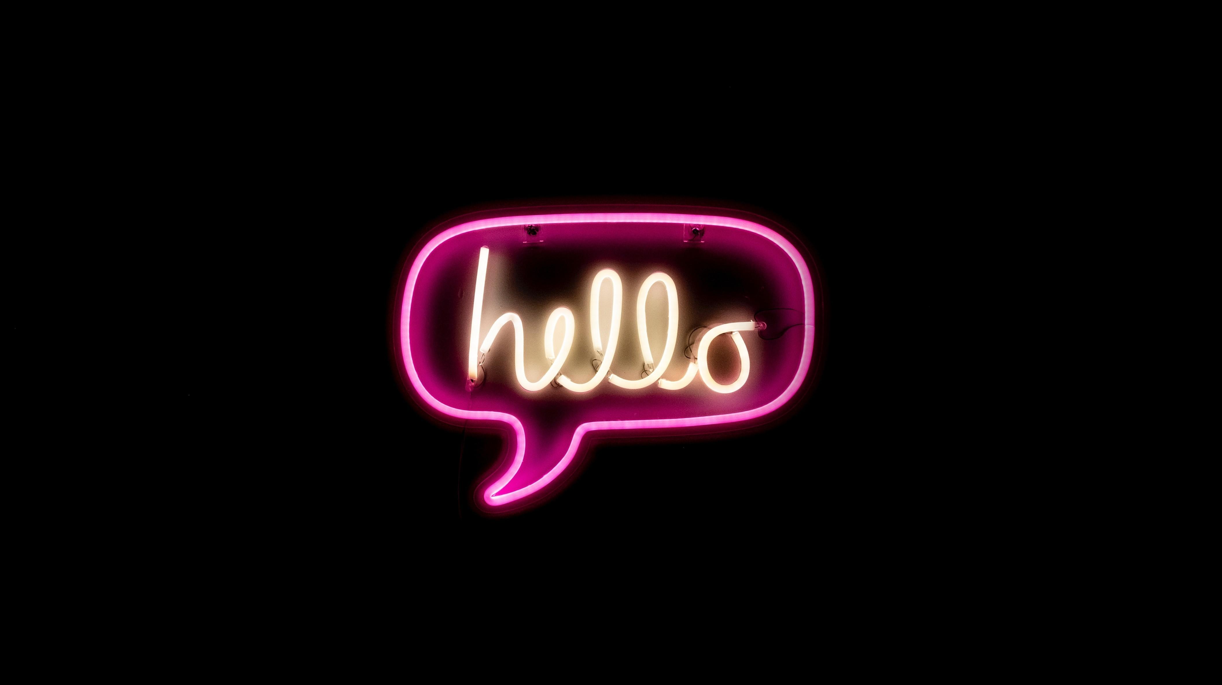 4224x2368 Download 4224x2368 Hello, Neon Light, Inscription, Comment Bubble Wallpaper