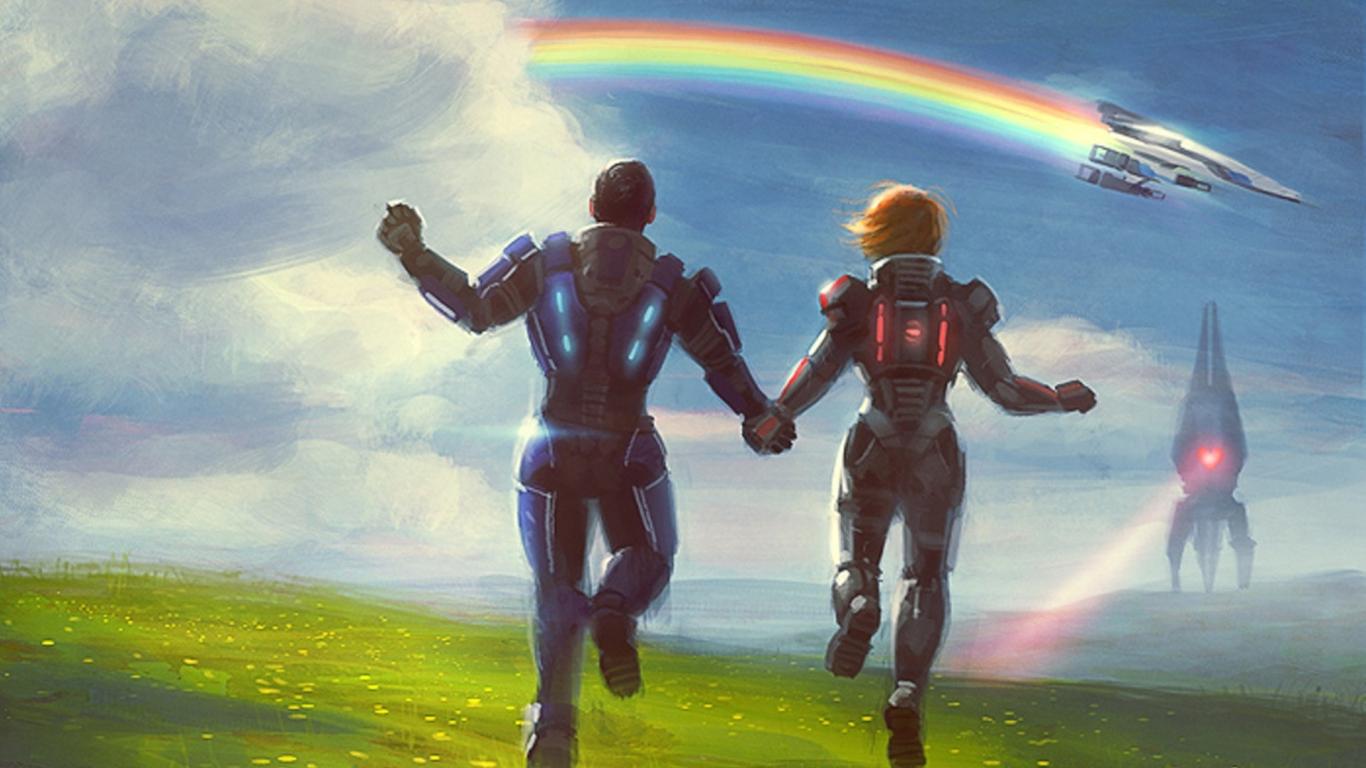 1366x768 Mass Effect Rainbow Skipping Drawing Normandy Reaper Effect Wallpaper Femshep