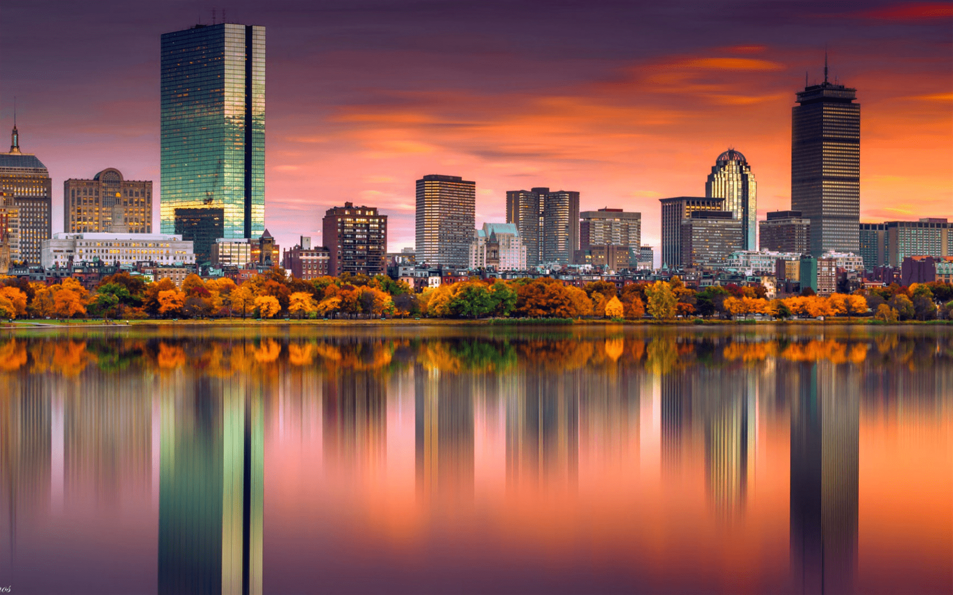 1920x1200 Download wallpaper Boston, evening, autumn, sunset, Boston cityscape, Boston skyline, panorama, skyscrapers, USA for desktop with resolution 1920x1200. High Quality HD picture wallpaper