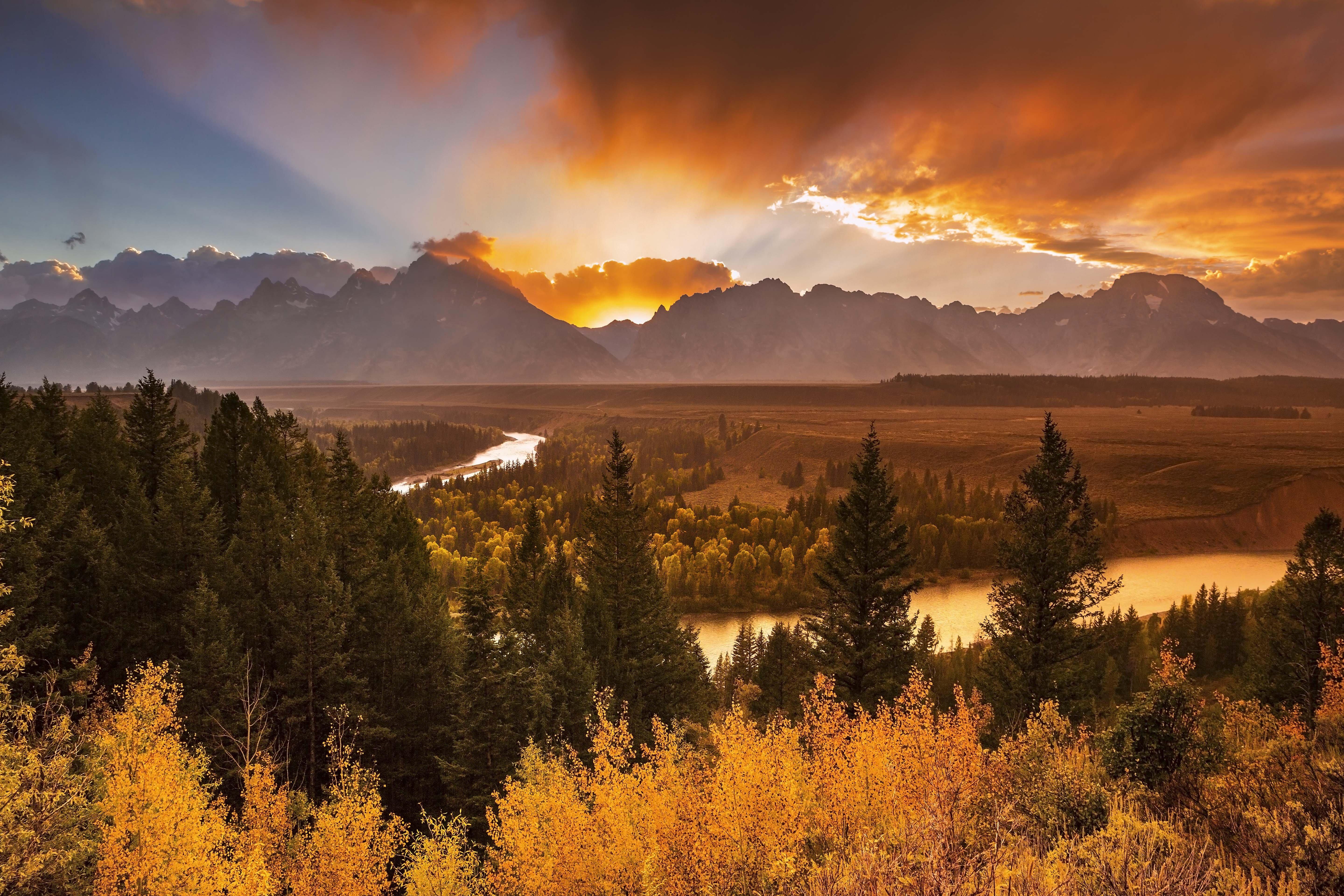 5760x3840 river, Overlook, Grand, Teton, National, Park, Sunset, Mountain, River, Forest, Trees, Autumn, Landscape Wallpaper HD / Desktop and Mobile Background
