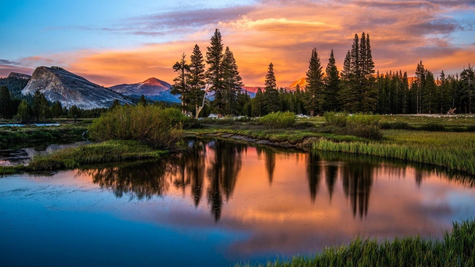 1600x900 trees, landscape, mountains, sunset, lake, reflection, sunrise, evening, morning, panorama, wilderness, dusk, autumn, mountain, dawn, meadow, loch, computer wallpaper, mountain range. Mocah HD Wallpaper