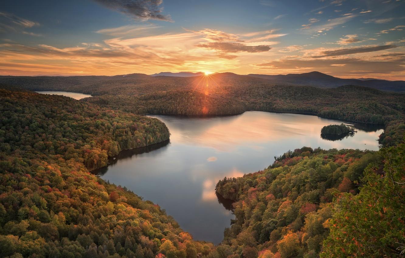 1332x850 Wallpaper autumn, forest, sunset, lake, pond, panorama, Woodbury, Vermont, Vermont, Nichols Pond, Woodbury image for desktop, section пейзажи