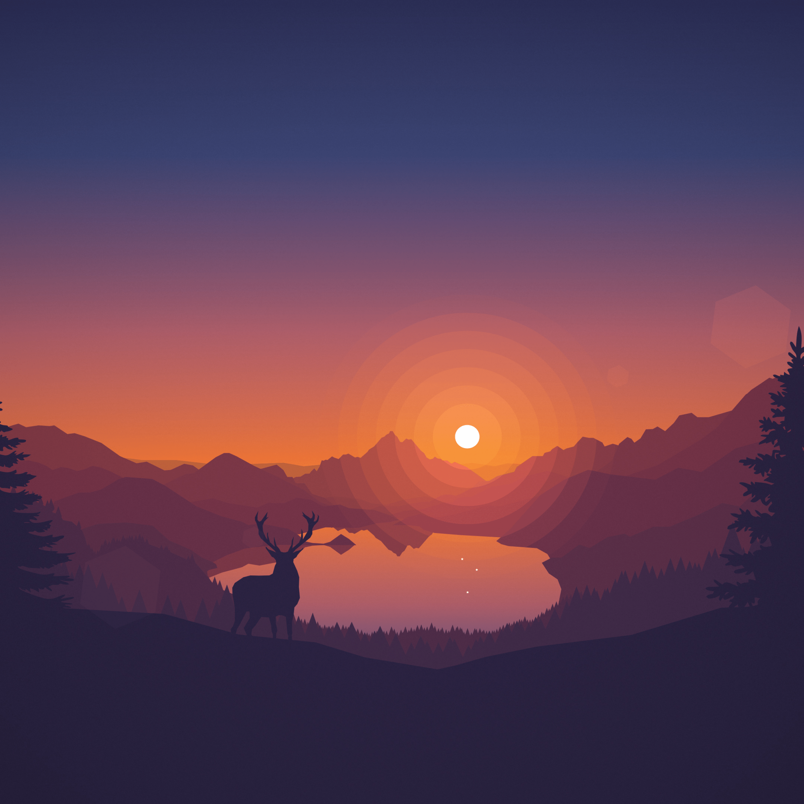 2560x2560 Lakeside Wallpaper 4K, Sunset, Deer, Minimal art, Landscape, Scenic, Nature