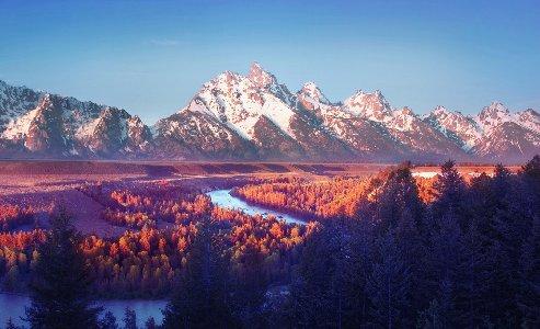 493x300 Sunsets Mountains Landscapes Nature Trees Autumn Forest Fall Rivers Tetons Desktop Background Wallpaper