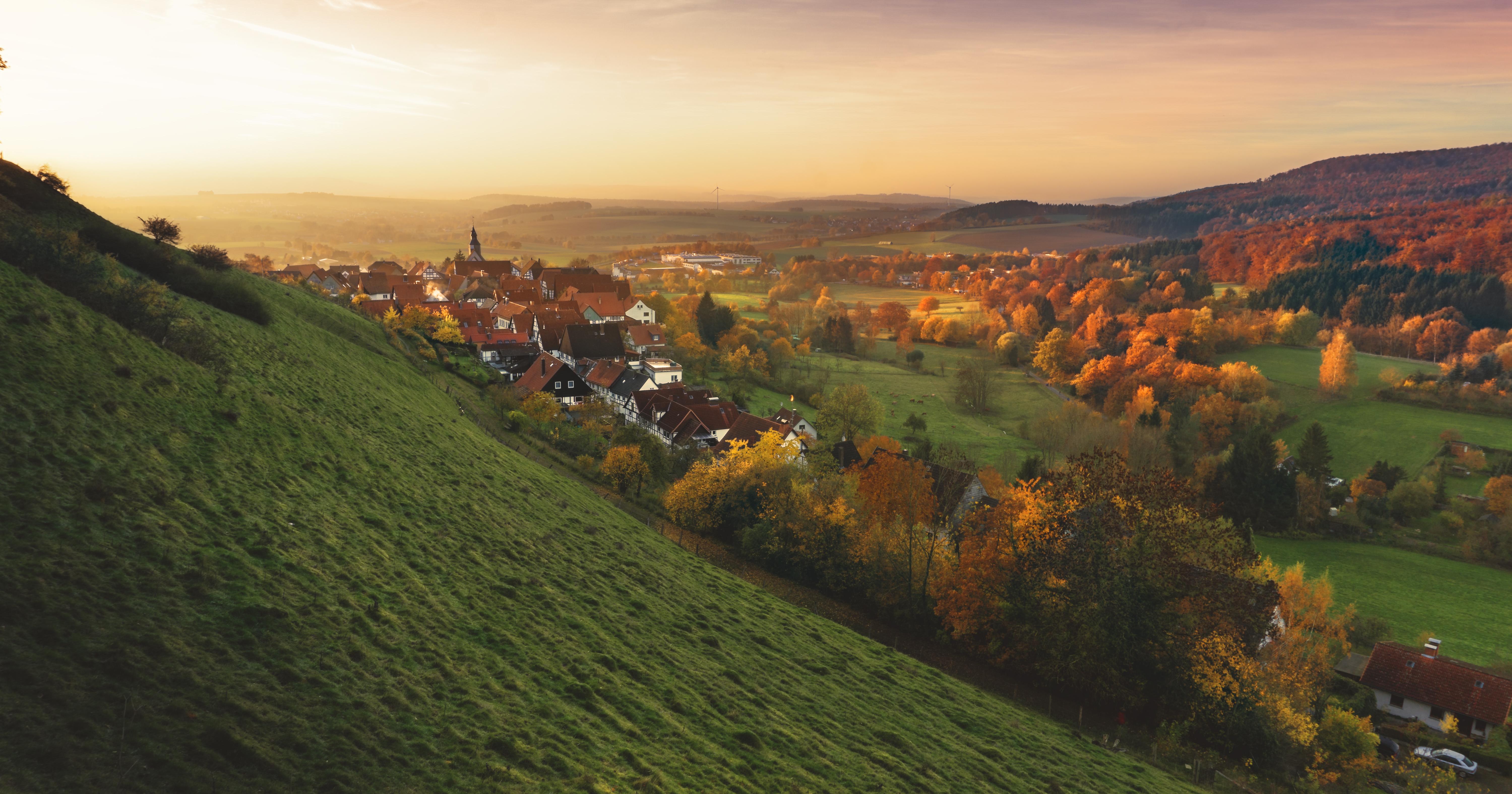 5999x3151 Free Image : landscape, nature, grass, sunset, morning, fall, hill, dawn, valley, mountain range, panorama, dusk, evening, autumn, terrain, hills, plateau, germany, rural area, aerial photography, mountainous landforms, Schieder Schwalenberg 5999x3151