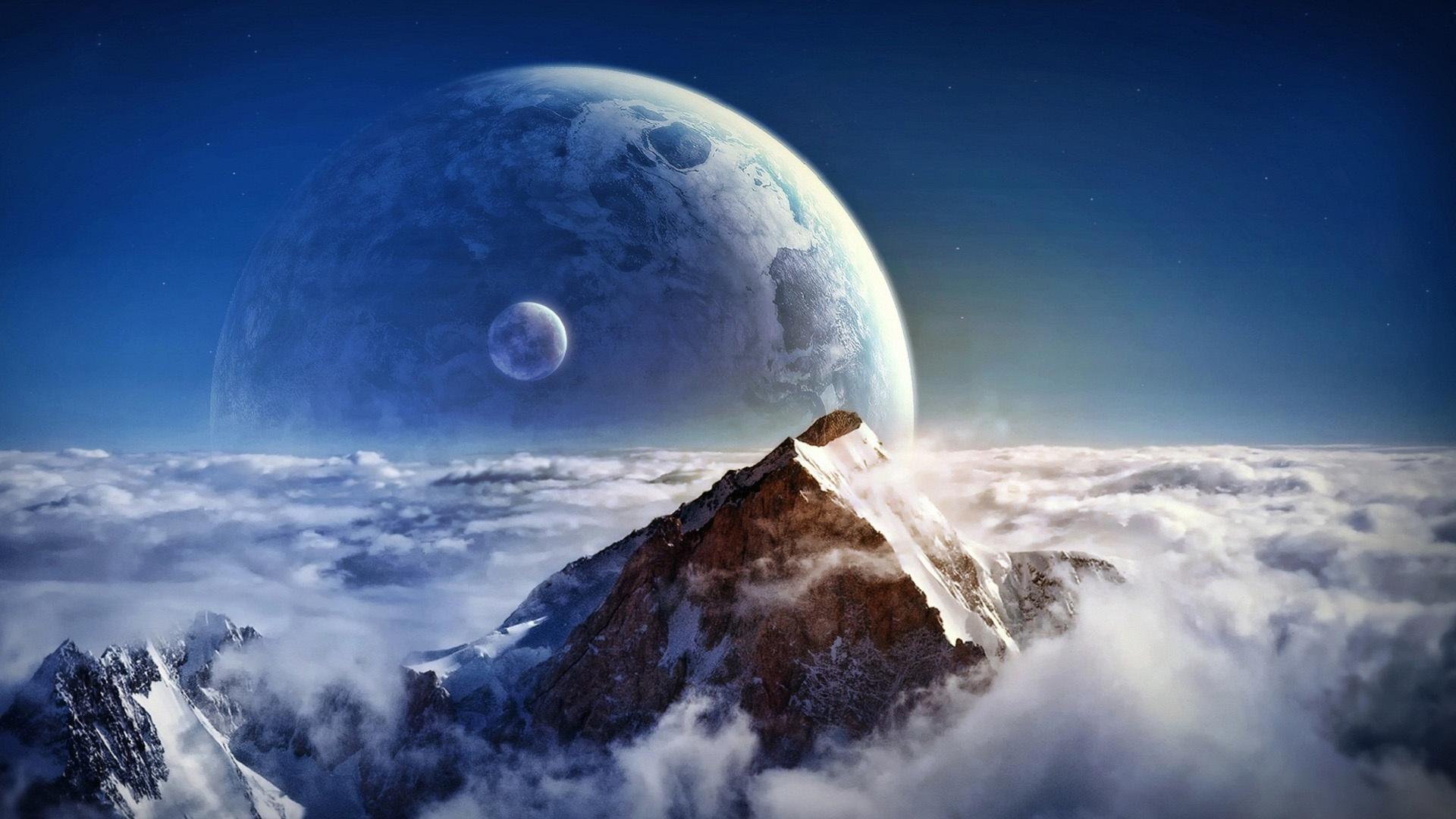 1920x1080 Wallpaper Dream clouds on the mountain and the planet 1920x1080 Full HD 2K Picture, Image