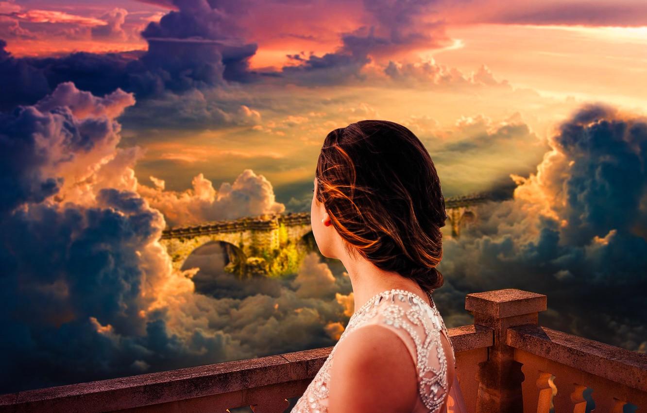1332x850 Wallpaper dream, light, girl, summer, fantasy, fashion, sky, nature, young, clouds, model, sun, pretty, mood, look, wind image for desktop, section фантастика