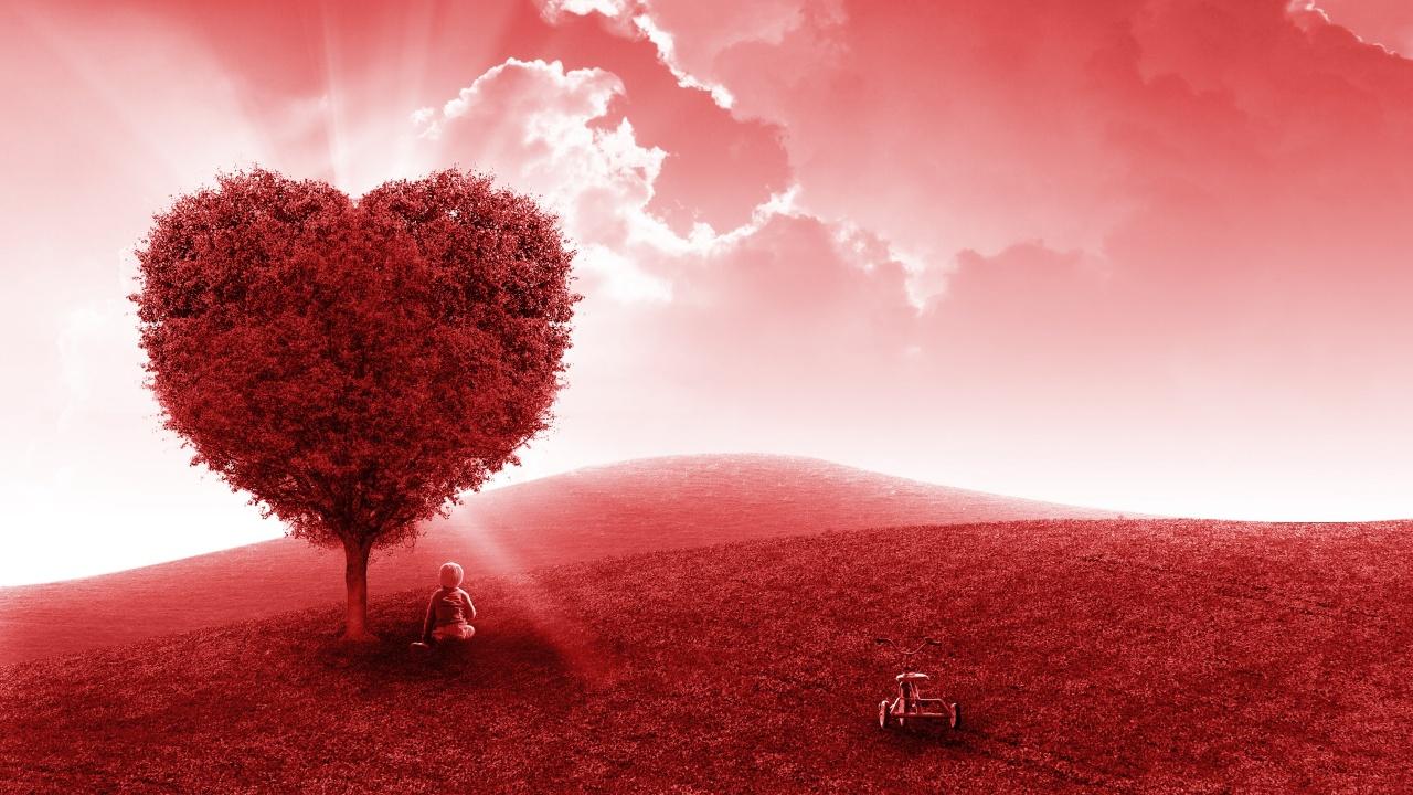1280x720 Landscape Wallpaper 4K, Heart tree, Red background, Child, Dream, Clouds, Fantasy