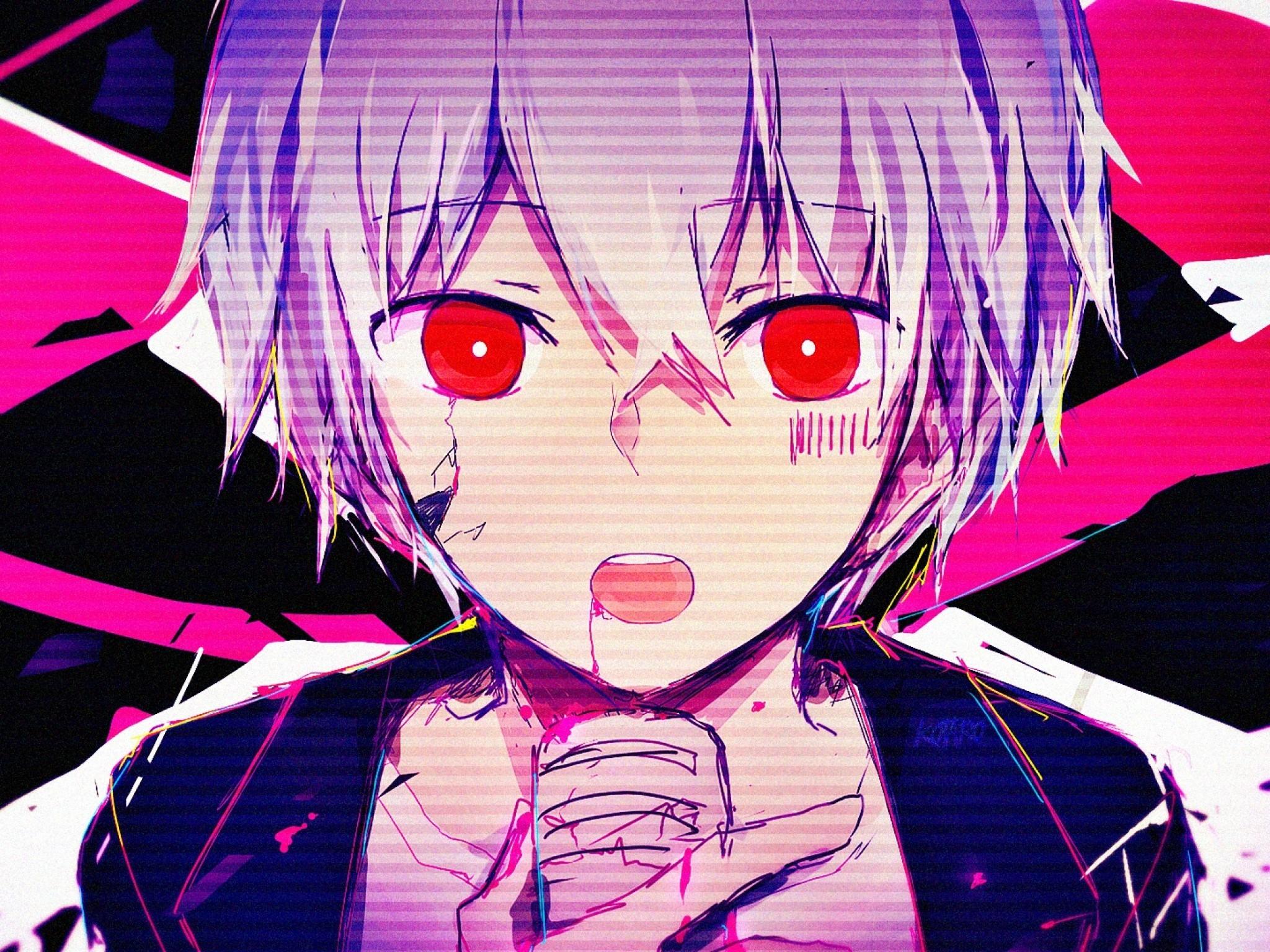 2048x1536 Download 2048x1536 Anime Boy, Glitch, Red Eyes, Face Portrait, Short Hair Wallpaper for Ainol Novo 9 Spark