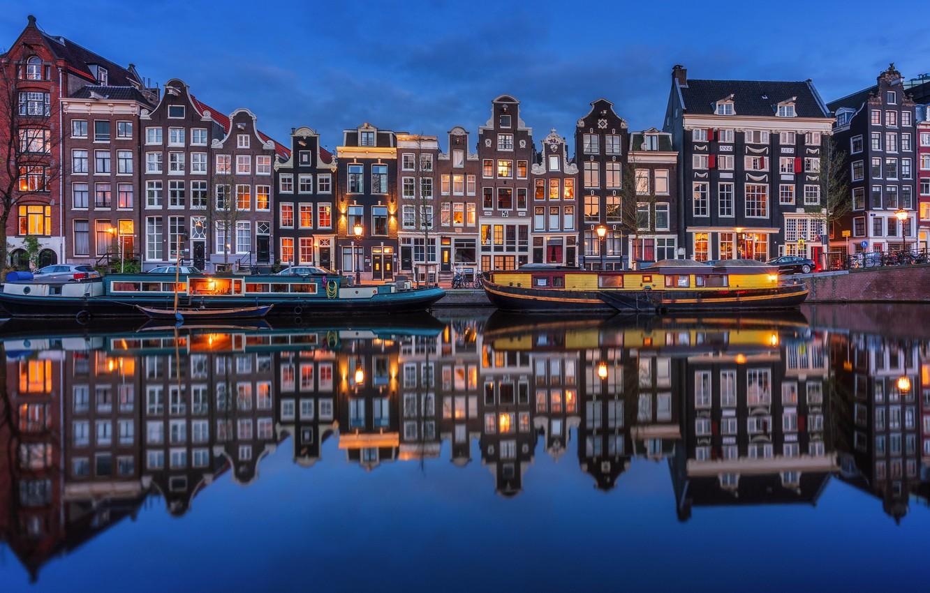 1332x850 Wallpaper night, lights, river, home, Amsterdam, Netherlands image for desktop, section город