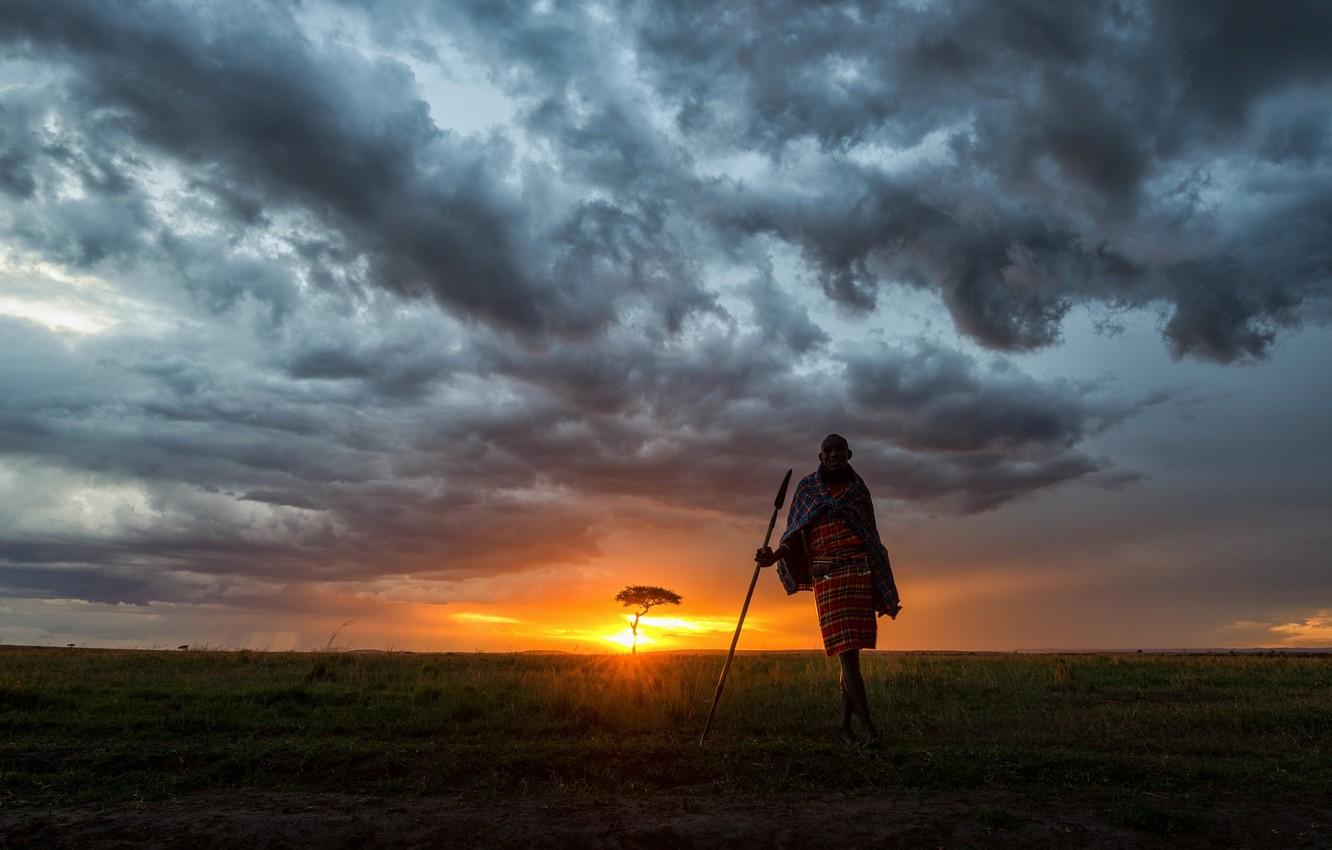 1332x850 Wallpaper the sky, sunset, Africa, Kenya, The Masai Mara, human image for desktop, section разное
