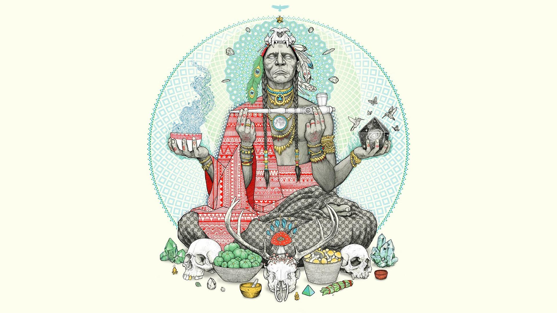 1920x1080 Wallpaper / psychedelic, Native Americans, Shaman, spiritual, skull, pipe, frontal view