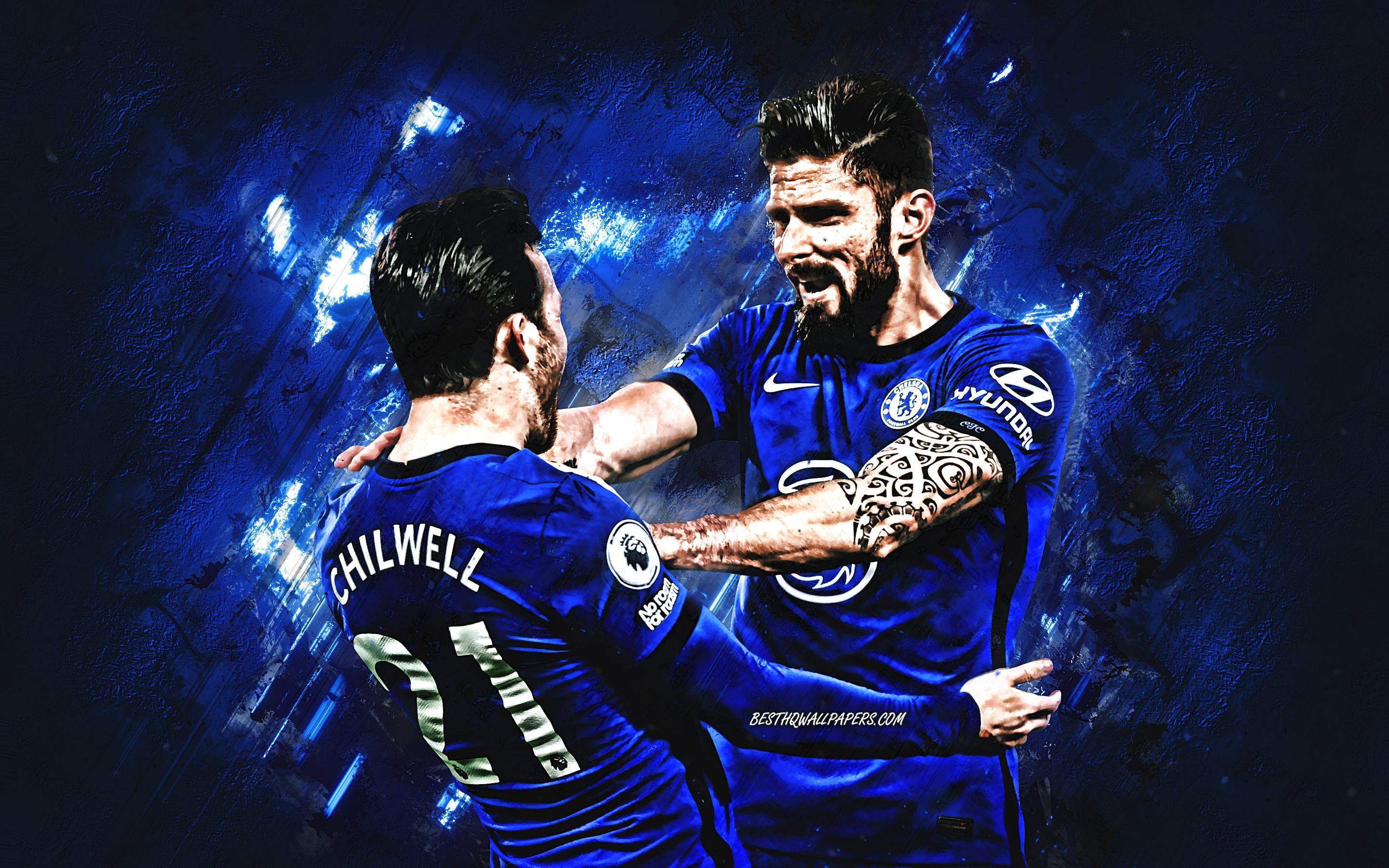 2880x1800 Download wallpaper Chelsea FC, Olivier Giroud, Ben Chilwell, blue stone background, football, Premier League, England for desktop with resolution 2880x1800. High Quality HD picture wallpaper