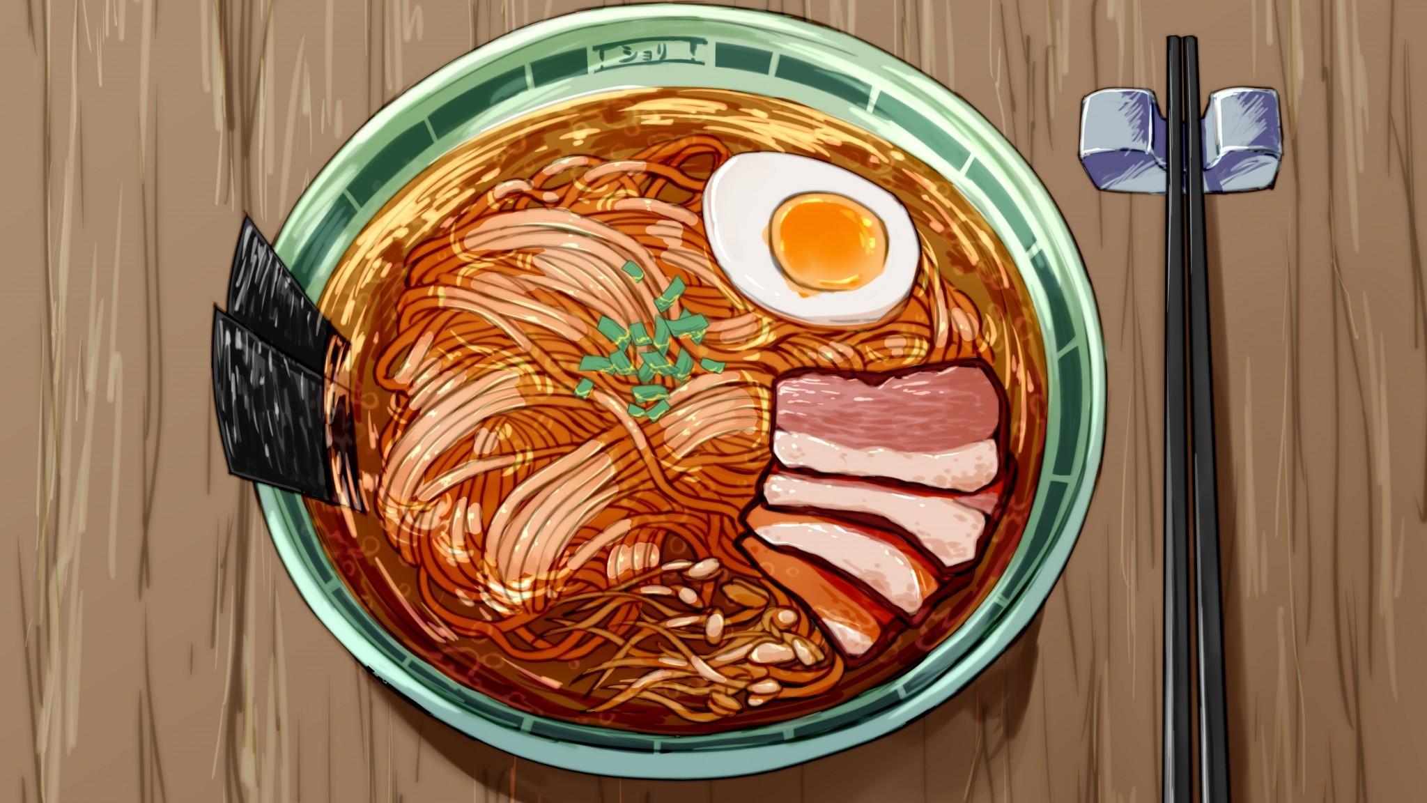 2048x1152 Download 2048x1152 Anime Ramen, Delicious, Chopsticks, Egg, Meat Wallpaper