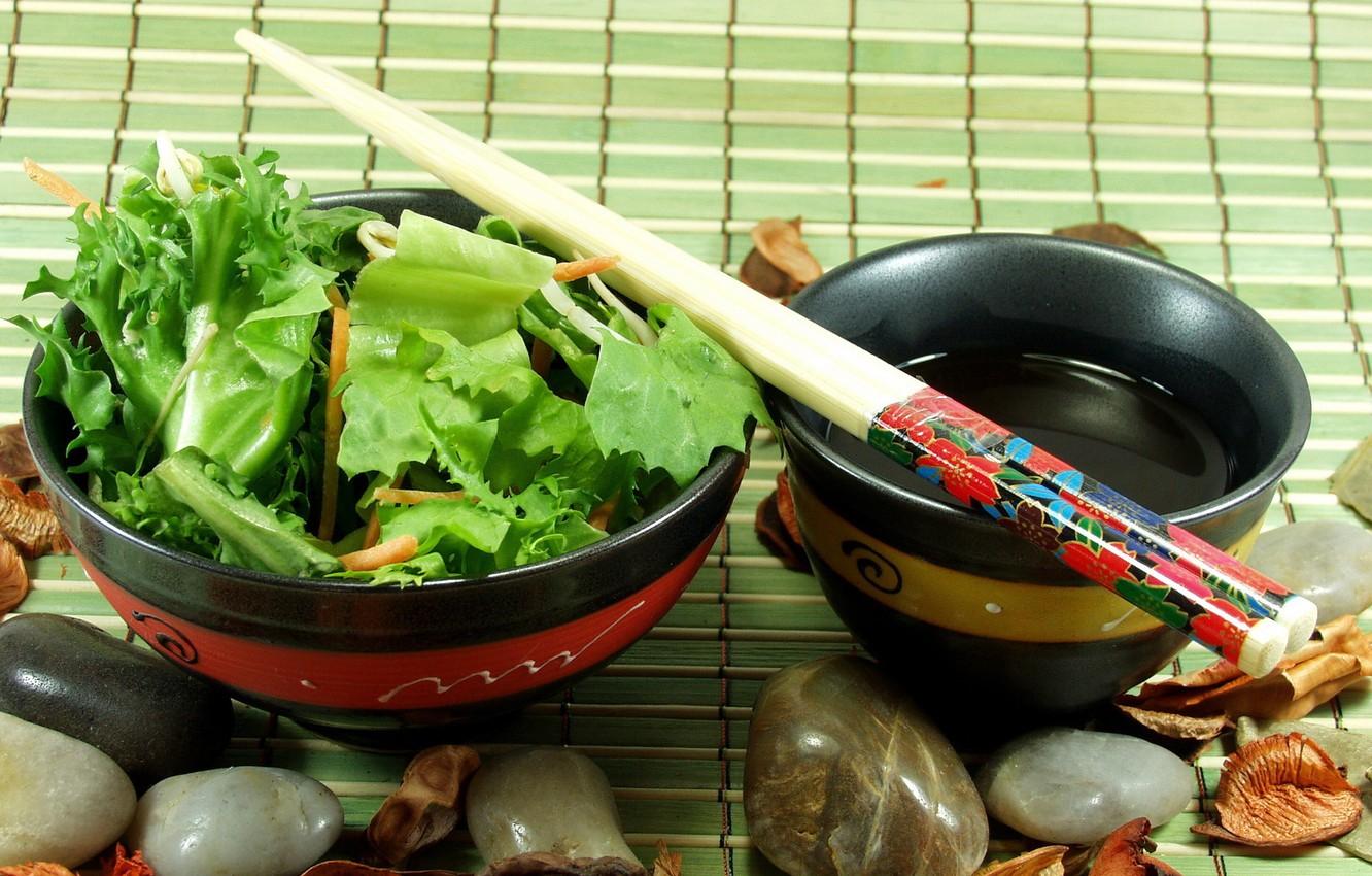 1332x850 Wallpaper Japan, pebbles, salad, bowl, chopsticks image for desktop, section еда