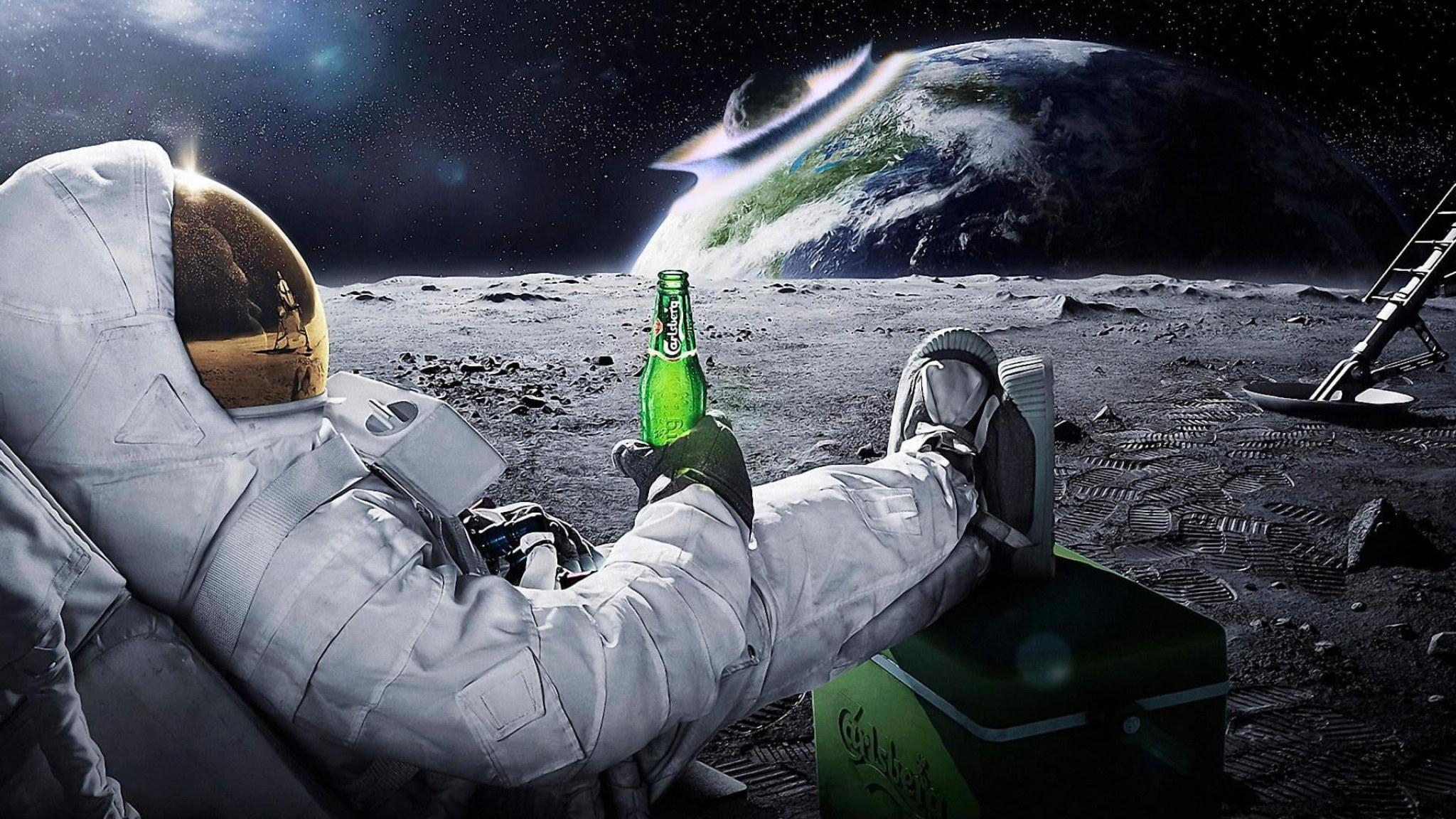 2048x1152 Astronaut drinking beer on moon while watching earth destroy wallpaper • Wallpaper For You HD Wallpaper For Desktop & Mobile