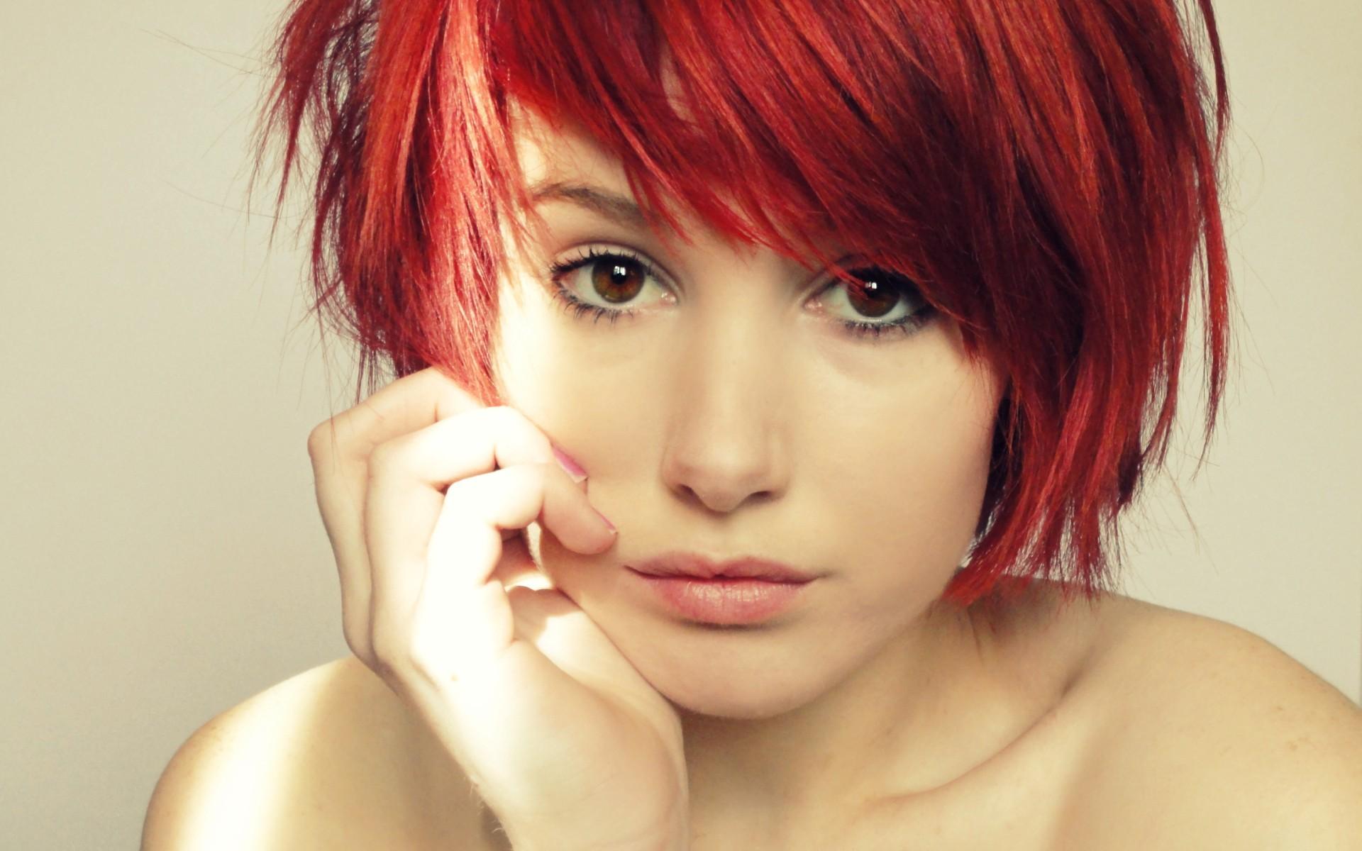 1920x1200 #redhead, #face, #model, #simple background, #women, #natural light, #short hair, #brown eyes, #portrait, wallpaper. Mocah HD Wallpaper