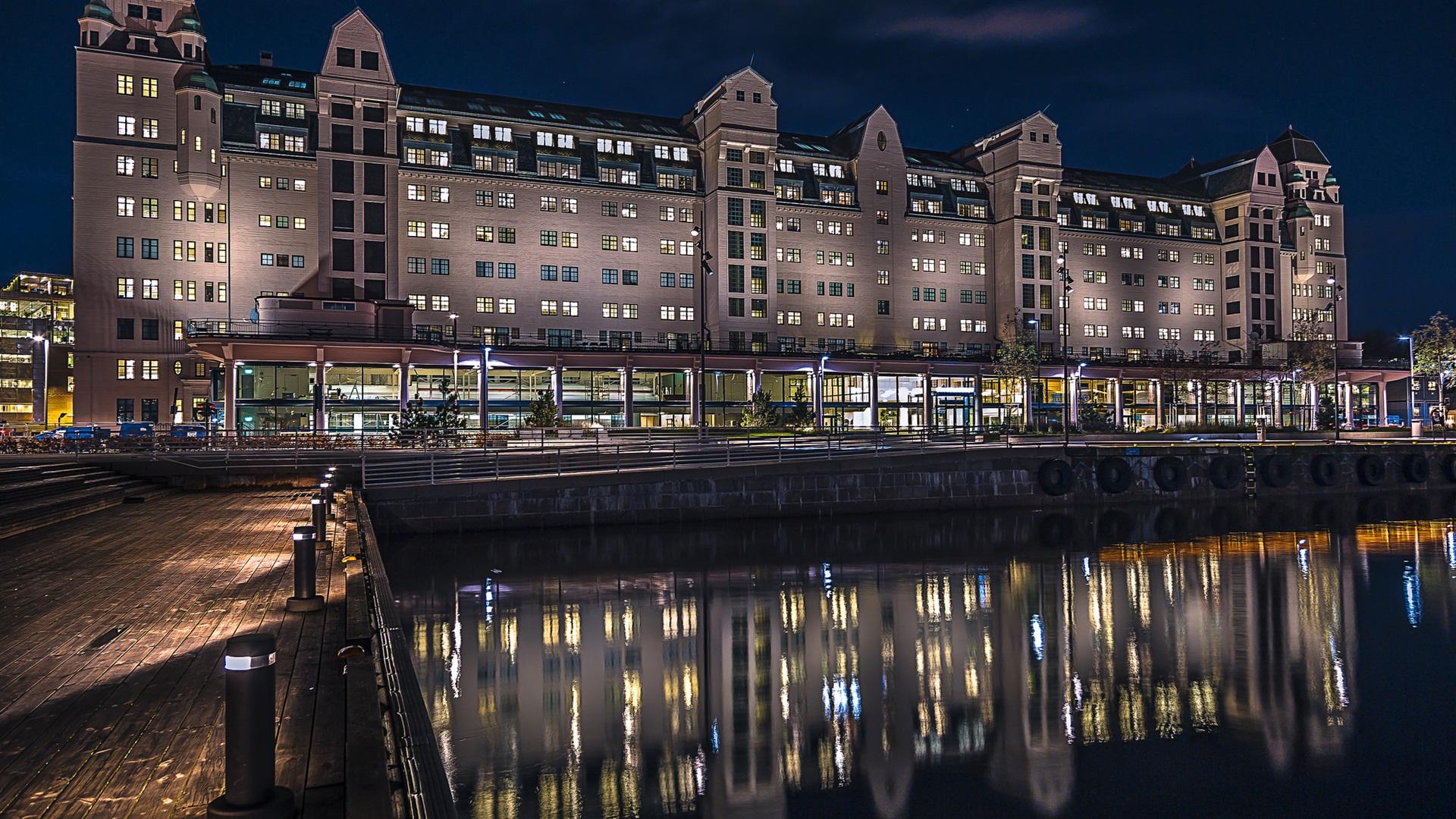 1920x1080 Wallpaper Oslo, Norway, house, night, lights, water reflection, river 1920x1200 HD Picture, Image