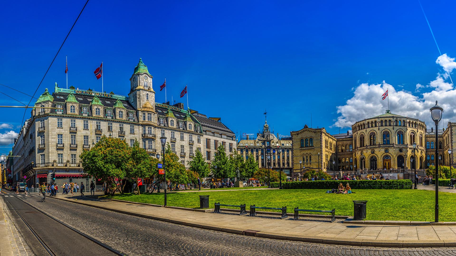 1920x1080 Wallpaper Oslo Norway Town square Street Street lights 1920x1080