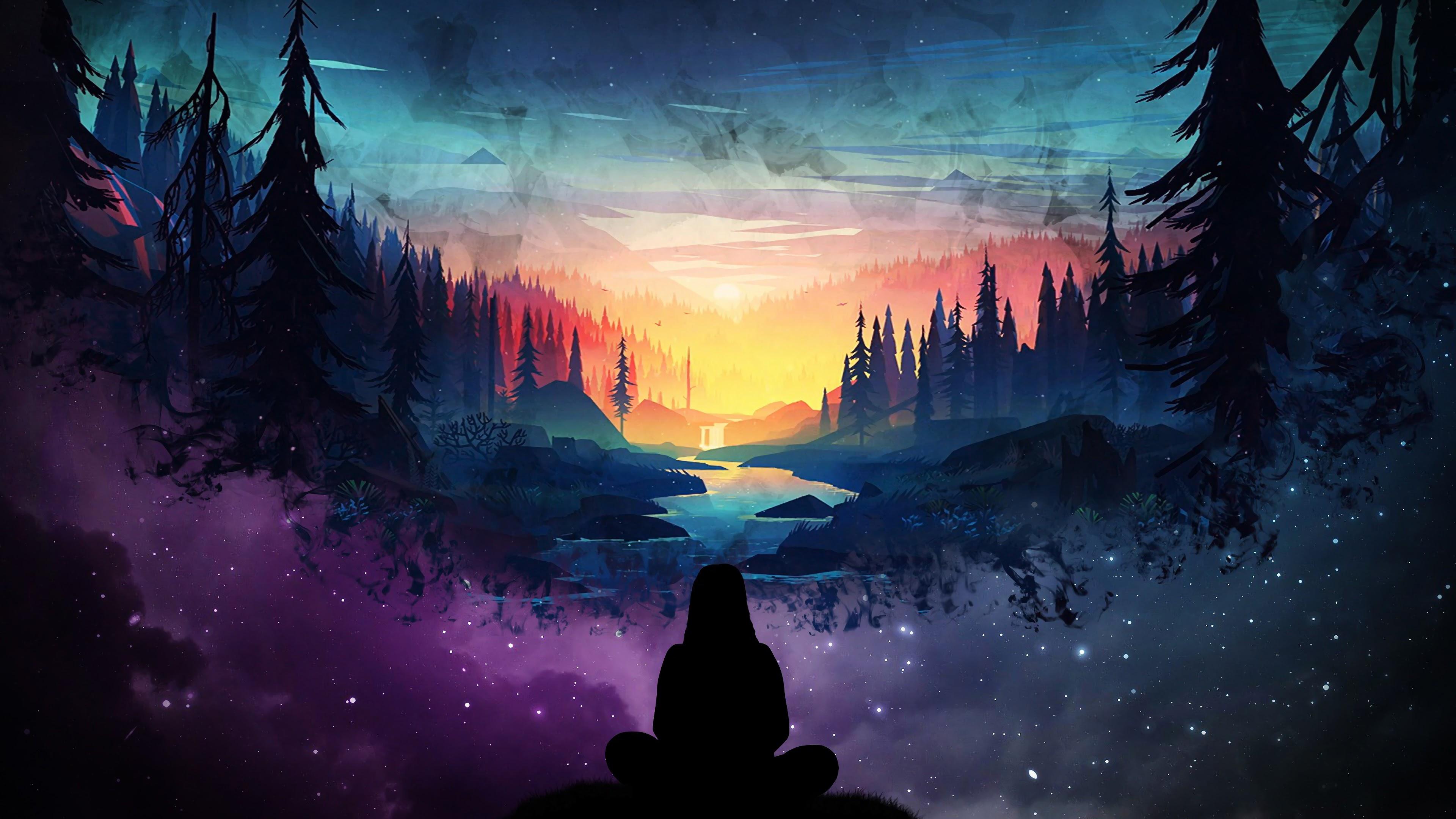 3840x2160 Forest Art Landscape Sunset 4K Wallpaper