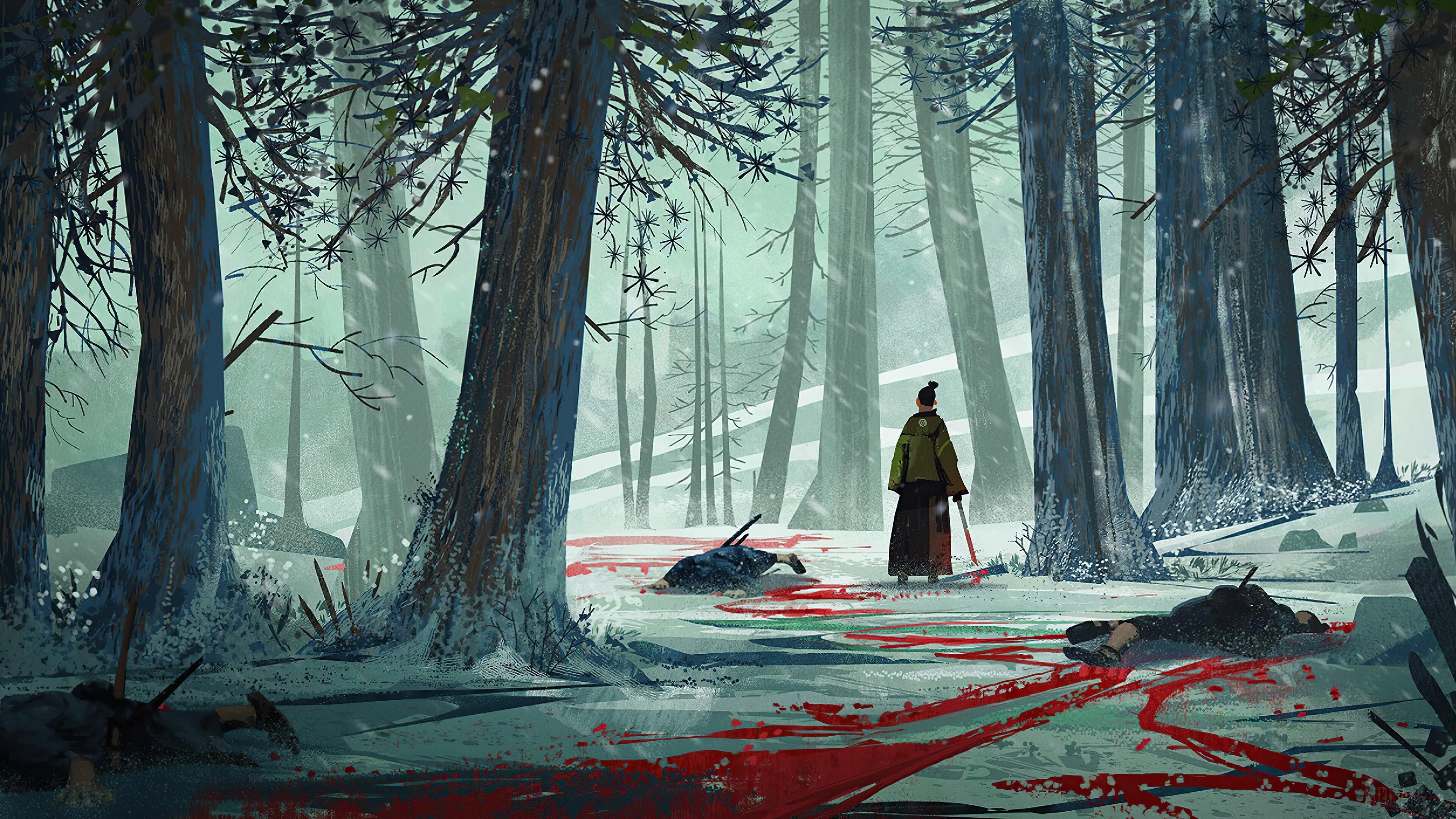 3840x2160 Samurai, Battle, Forest, Art, Digital Art 4k wallpaper. Mocah HD Wallpaper