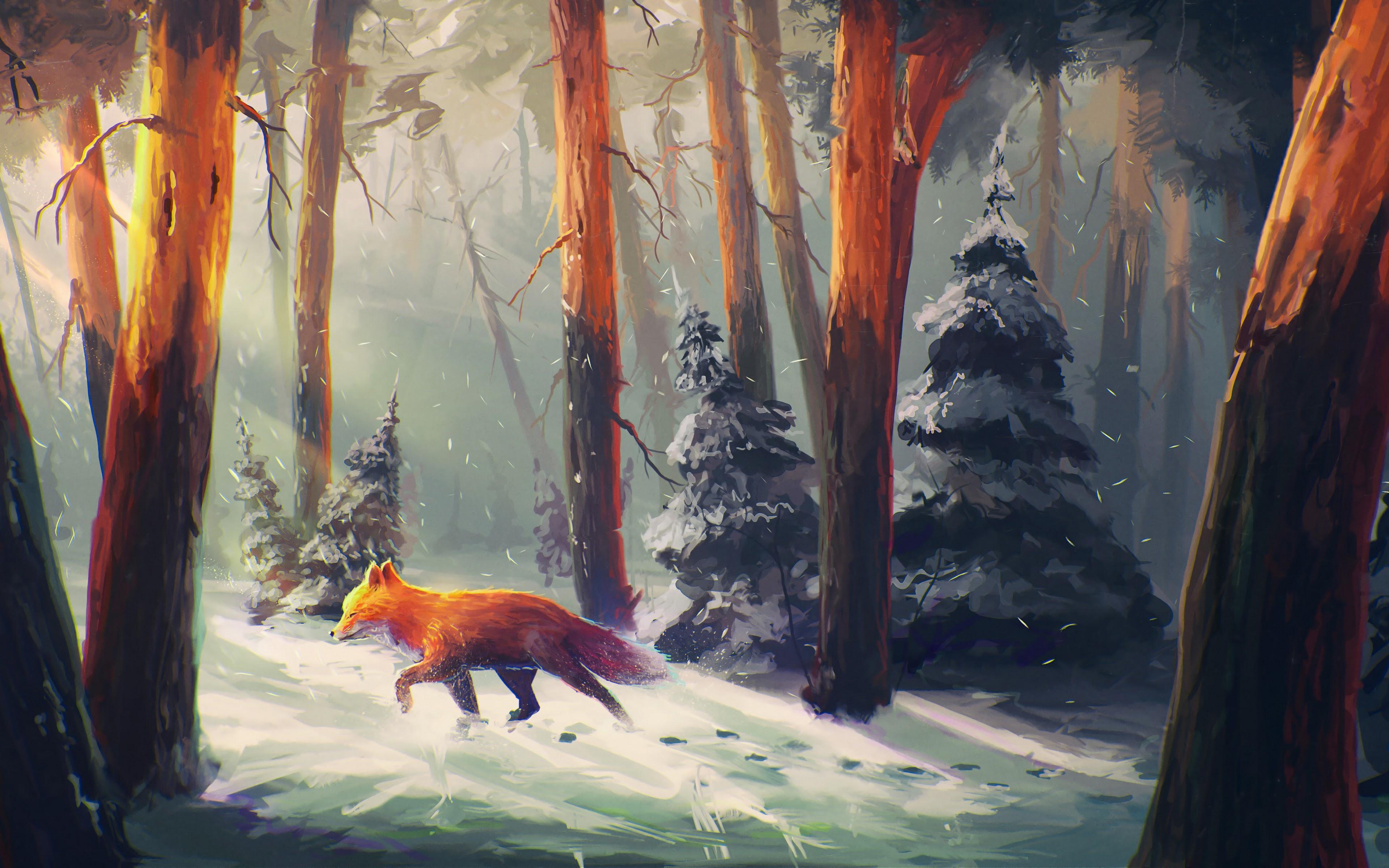 3840x2400 Fox Forest Art 4K Wallpaper