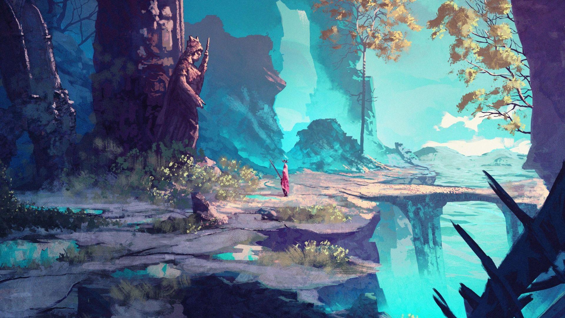 1920x1080 Desktop wallpaper fantasy, stature and warrior, forest, art, HD image, picture, background, 96fbc0