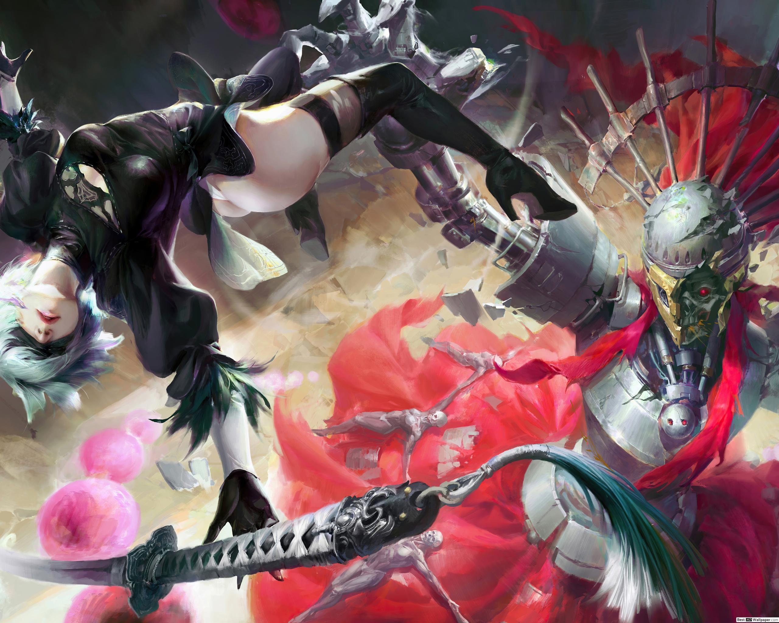 2560x2048 YoRHa 2B' Katana Fighting (8K) Automata (Videospel) HD tapet nedladdning