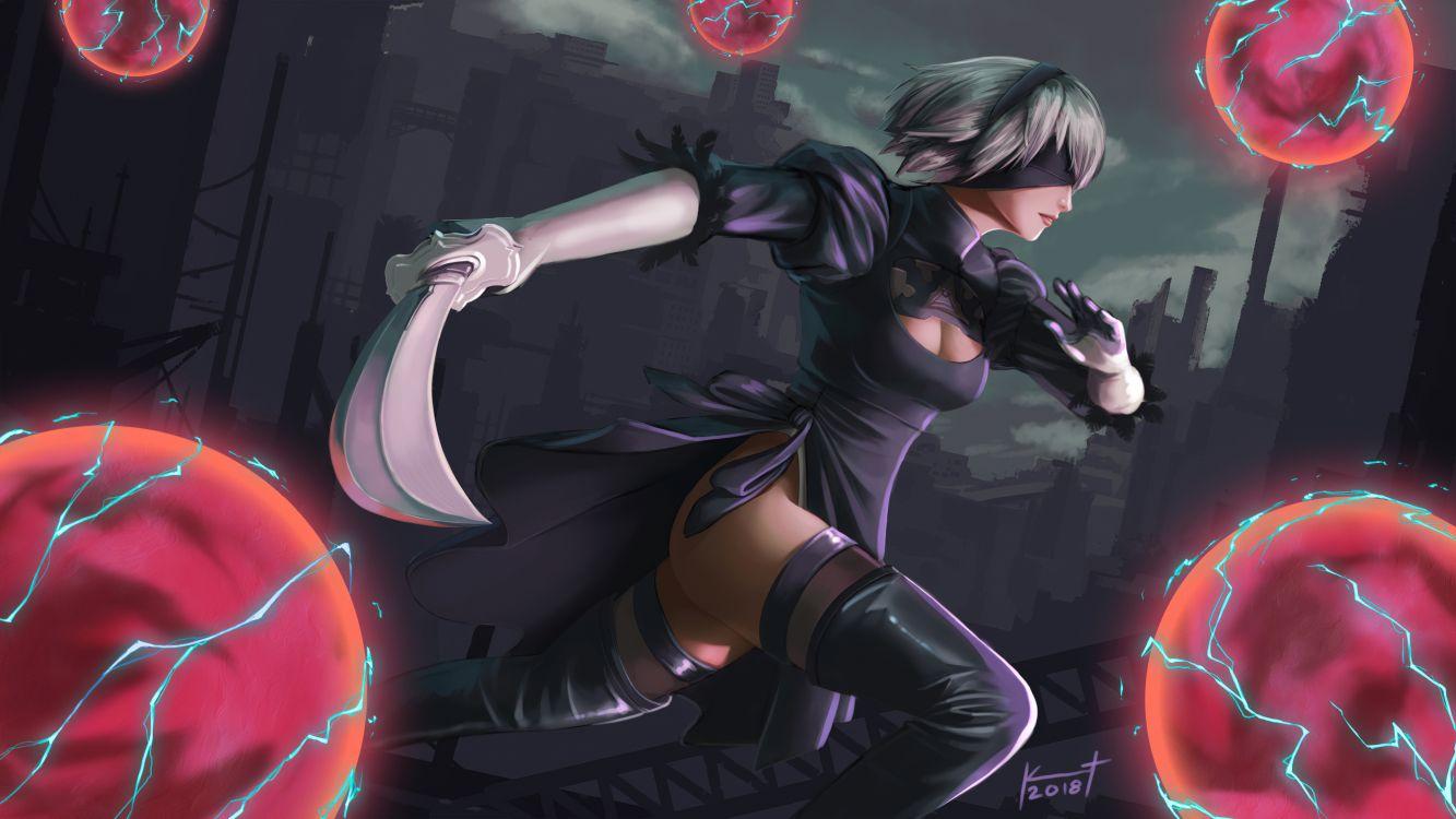 1333x750 Wallpaper Nier Automata, Nier, Fan Art, Cartoon, Pink, Background Free Image