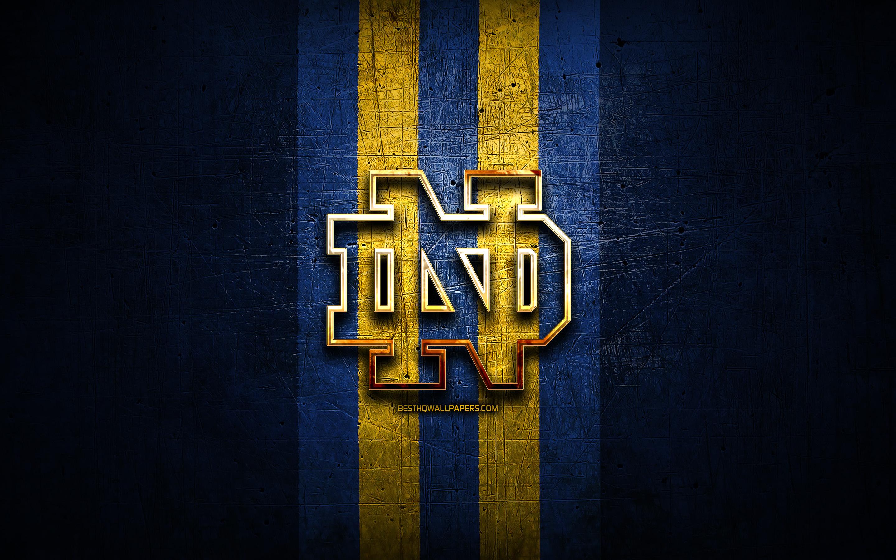 2880x1800 Download wallpaper Notre Dame Fighting Irish, golden logo, NCAA, blue metal background, american football club, Notre Dame Fighting Irish logo, american football, USA for desktop with resolution 2880x1800. High Quality HD picture