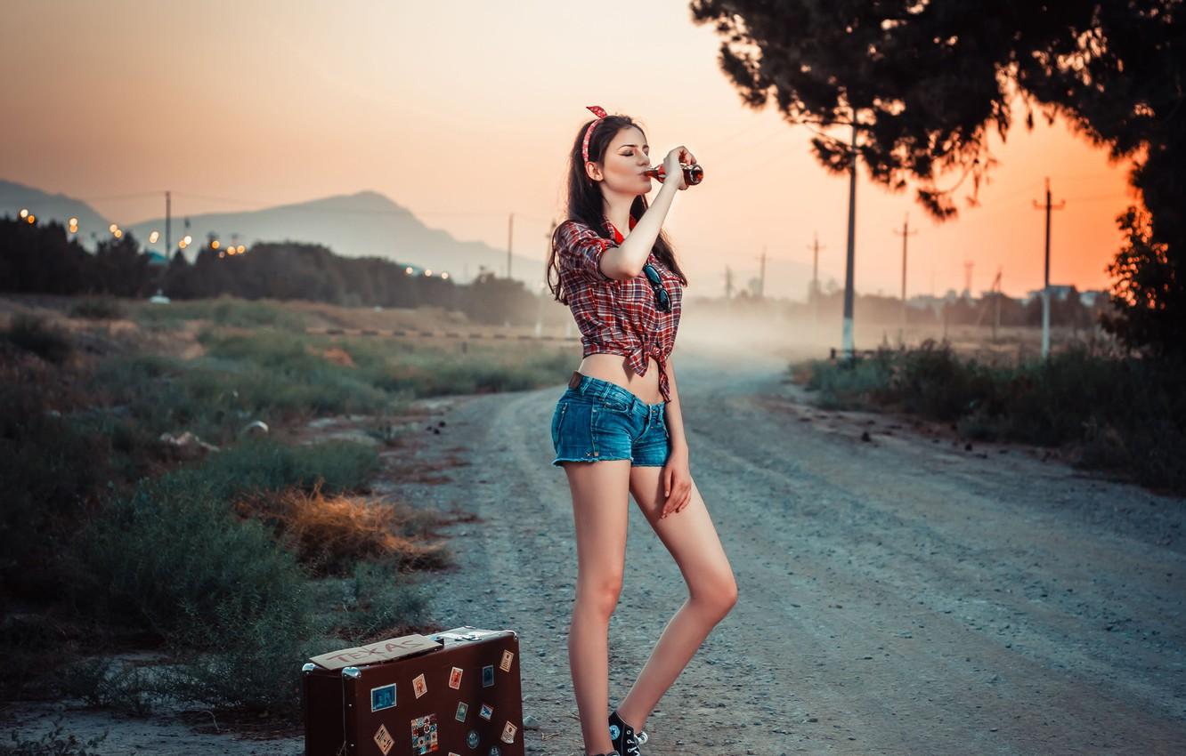 1332x850 Photo Wallpaper Road, Girl, Retro, Shorts, Suitcase, Up Girl Zhorts