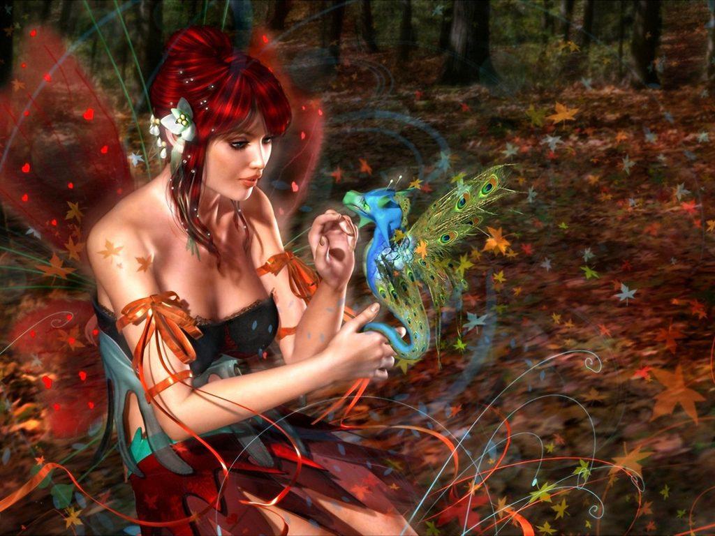 1024x768 Girl Fairy Fantasy red hair butterfly wings friend dragon autumn leaves HD Wallpaper 3840x2160 :