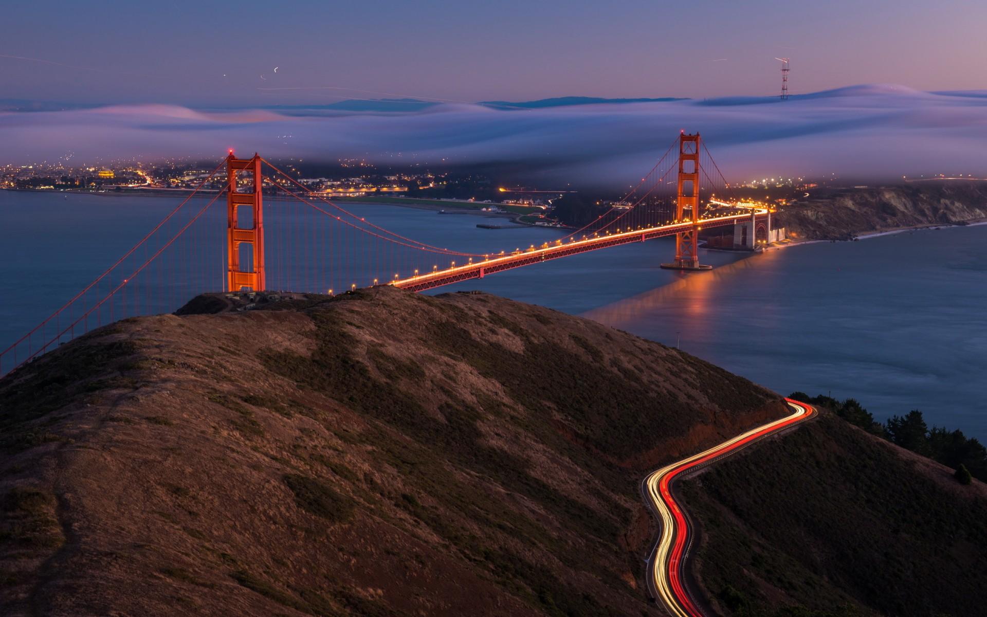 1920x1200 city, Aeyaey, Night, Bridge, Water, Bay, San, Francisco, Fog, Cities, Roads Wallpaper HD / Desktop and Mobile Background