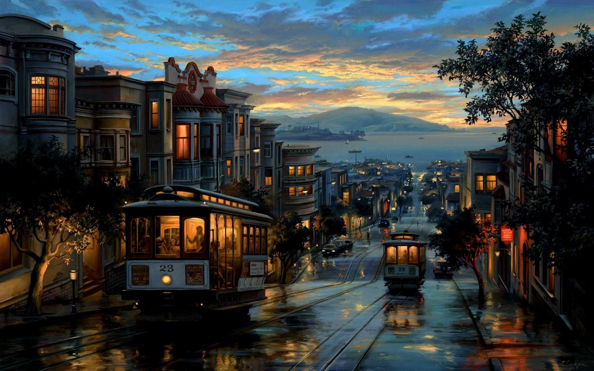 1920x1200 trolly, rain, streetcars, sky, clouds, san francisco, night