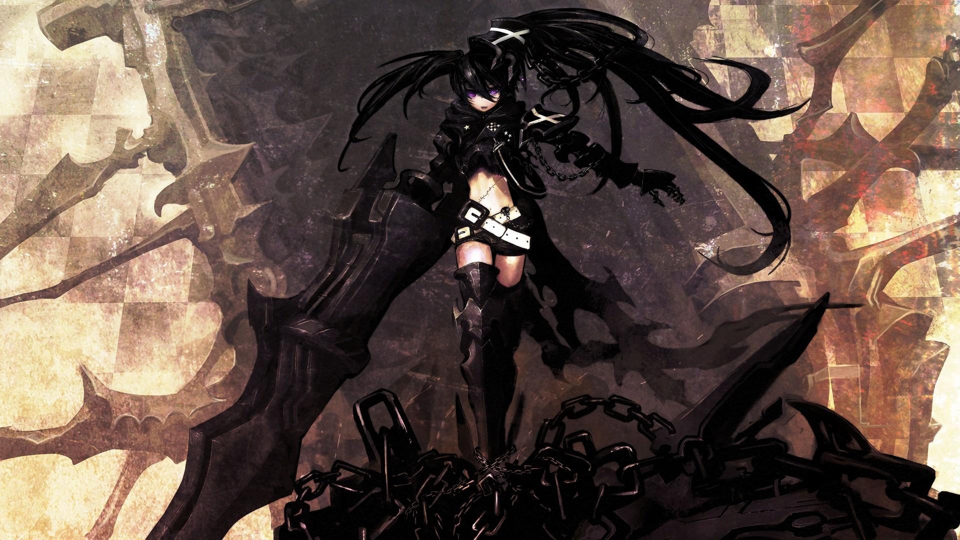 1920x1080 black rock shooter weapons chains purple eyes anime girls insane black rock shooter